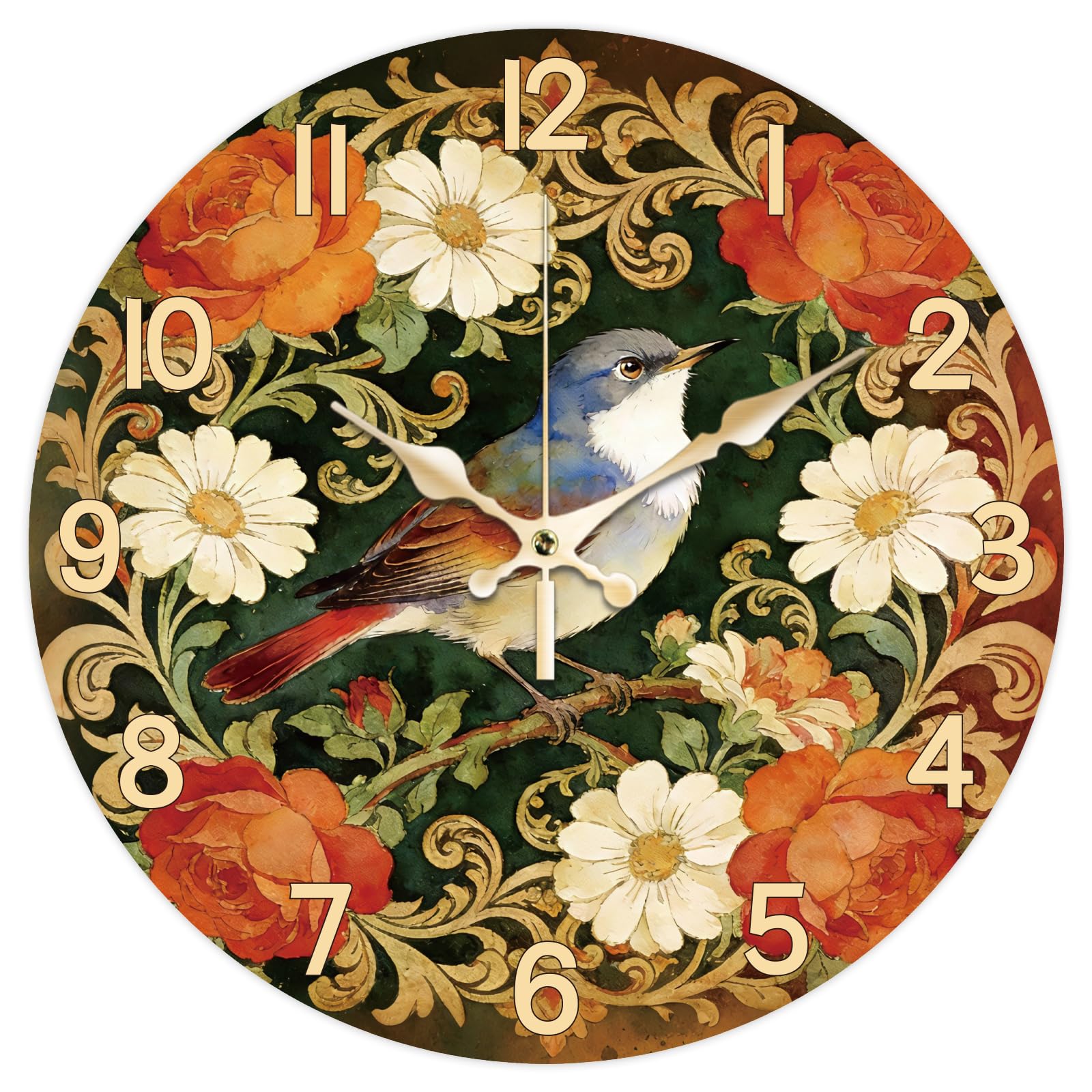 CONCHLERY Retro Wildflowers Birds Pattern Wall Clock 12 Inch Non-Ticking Clocks Round Wall Hanging Clock Flat Printing for Bedroom Living Room Kitchen Office