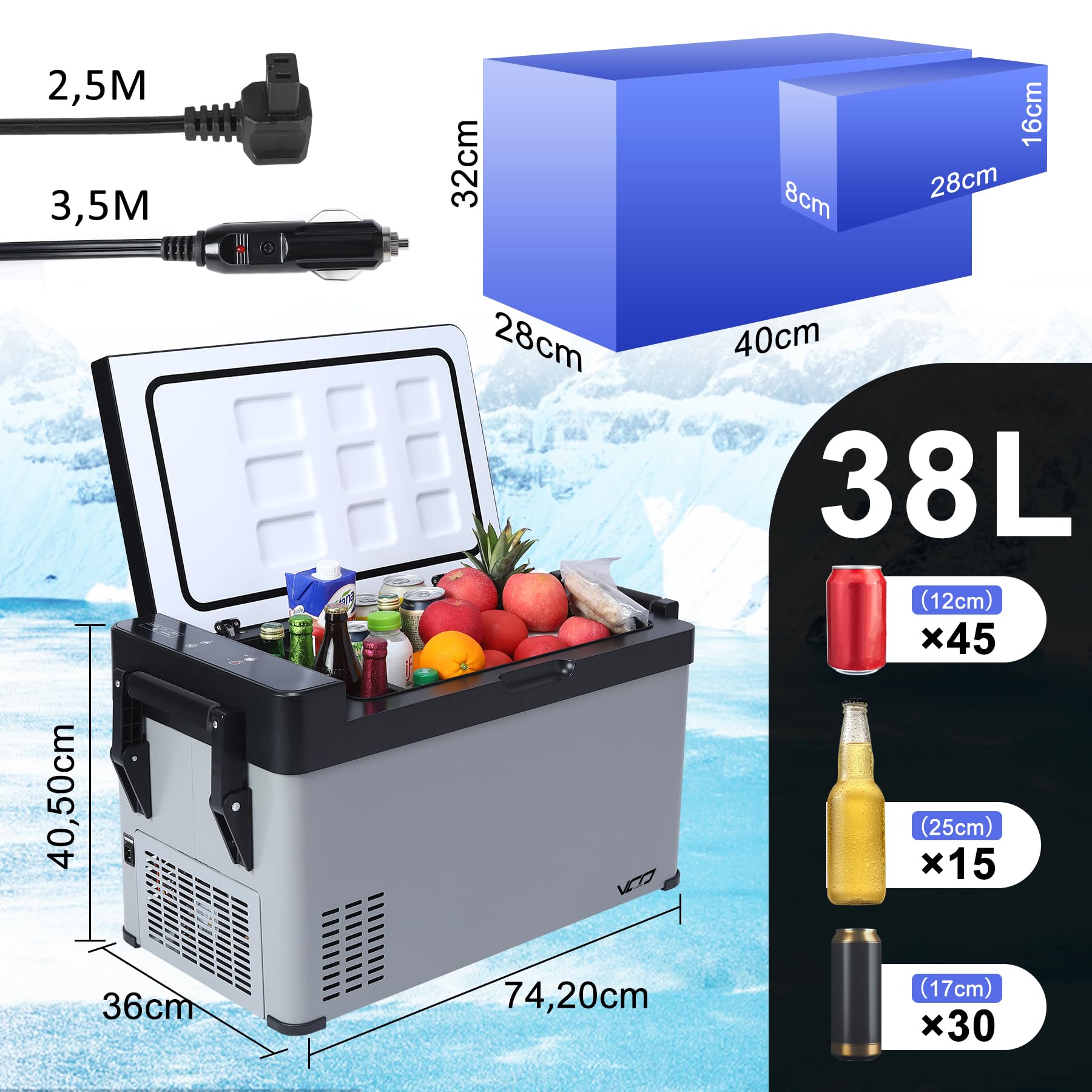 Kompressor kühlbox 38L auto elektrische kühlbox 12V 240V tragbare Camping Kühlschrank mit Griff Temperaturkontrolle -22℃-20℃ Mini Kühlschrank für Auto Lkw Boot Reisemobil Musikfestivals Picknicks Grau