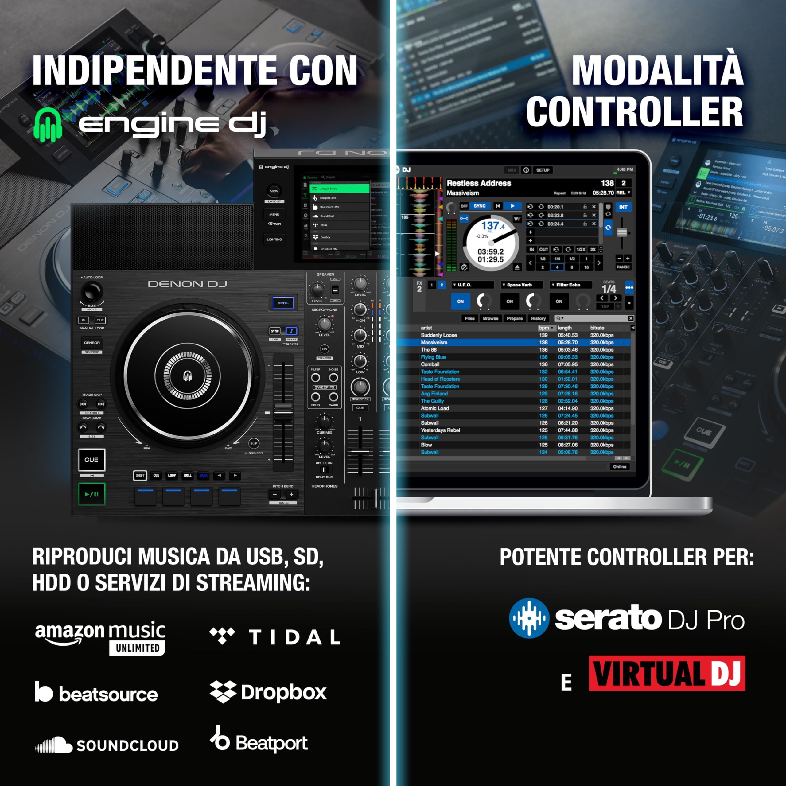 Denon DJ SC LIVE 2 – Console DJ con streaming da Amazon Music, Schermo Touch da 7”, Wi-Fi, casse, supporto per Serato DJ & Virtual DJ