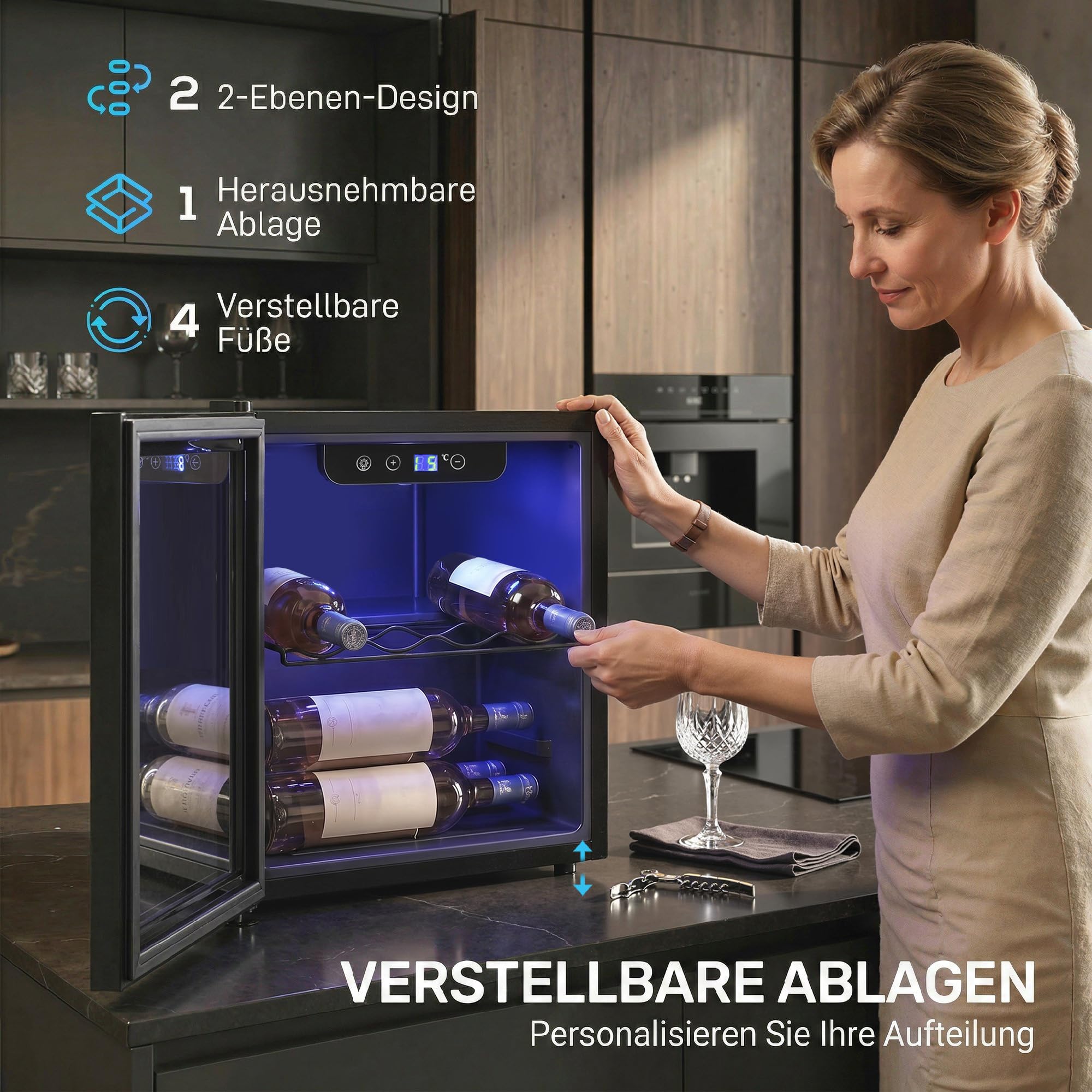 HOMCOM Weinkühlschrank 12 Flaschen 36 Liter Doppelglastür LED-Beleuchtung 4-16°C Schwarz