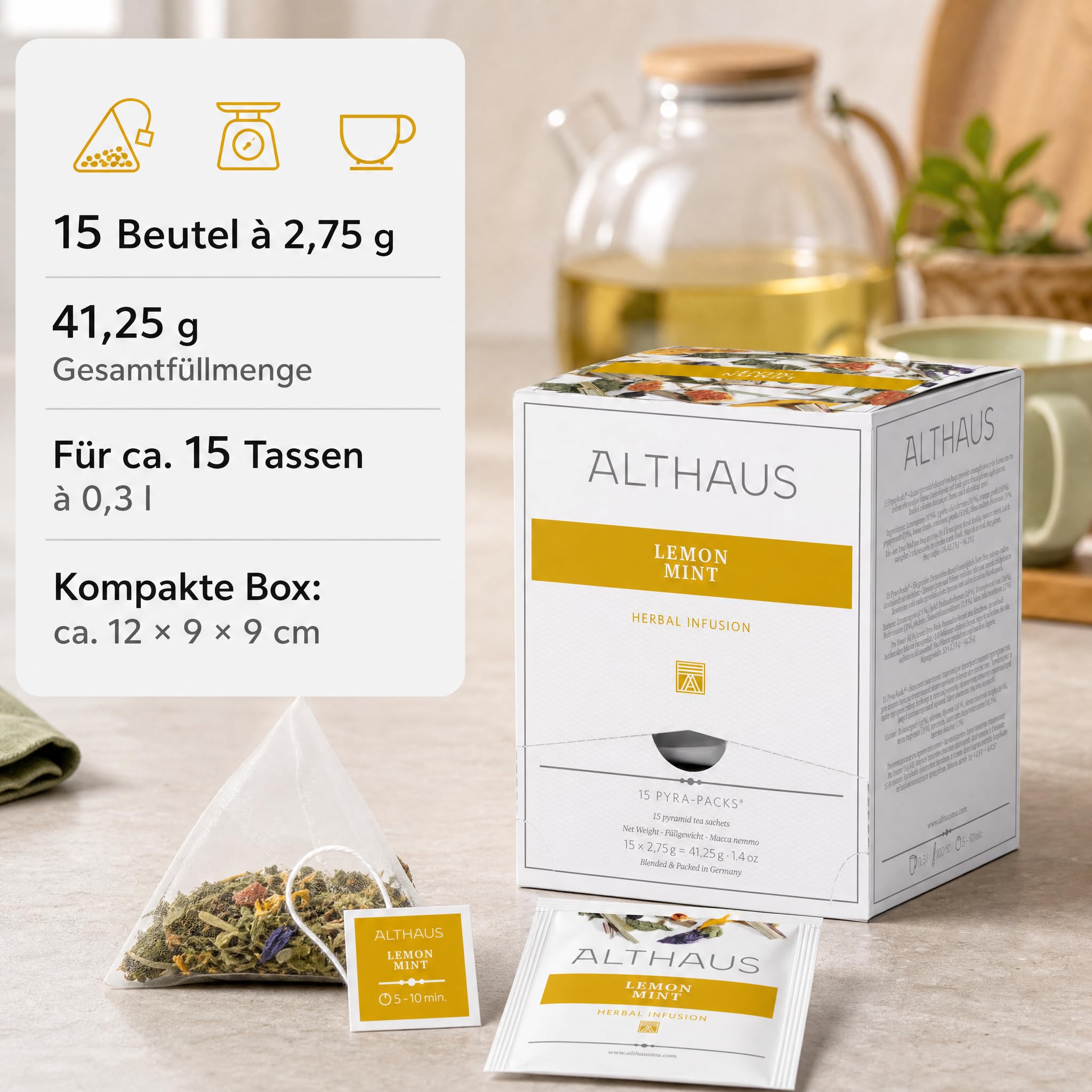 Althaus Tee Pyramidenbeutel Set, Lemon Mint, 60 Portionsbeutel, aromatisierter Kräutertee, loser Tee in Pyramidenform, 4er Pack (Lemon Mint 4 x 15 Pyramidenteebeutel)
