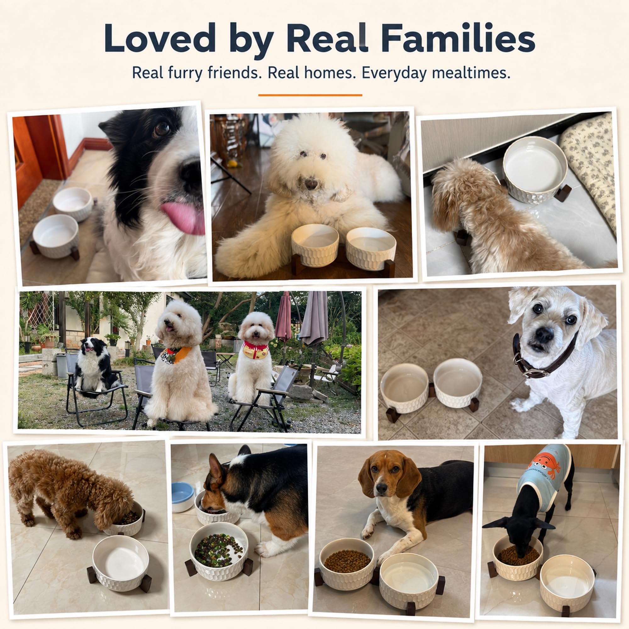 Keramik-Hundenäpfe mit Holzständer, erhöhter Doppel-Hundenapf-Set, 3 Tassen, Futter- und Wassernäpfe für kleine und mittelgroße Hunde, Anti-Kipp-erhöhter Keramik-Futterspender