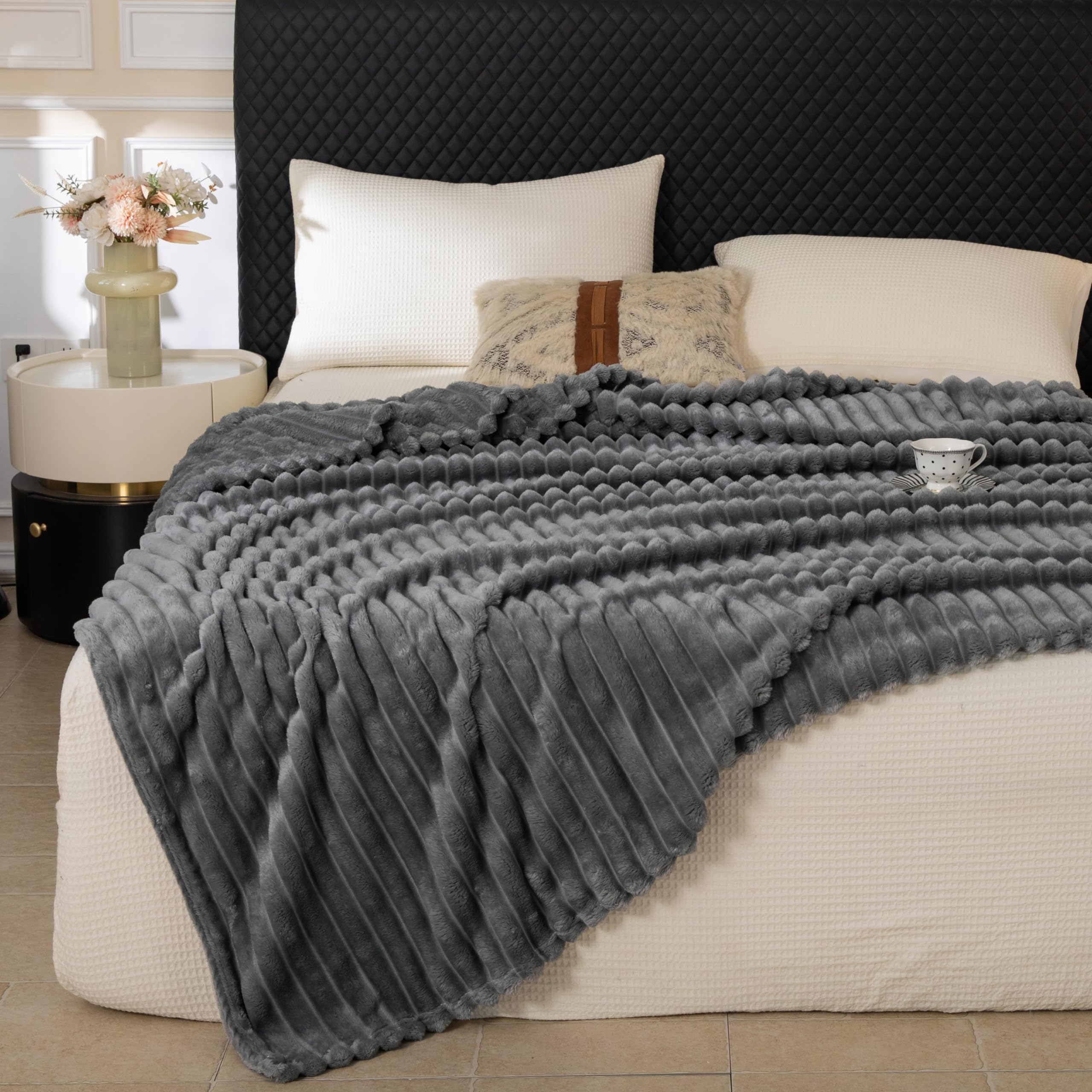 Coperta calda e soffice, coperta per divano, motivo a righe, motivo mamma, donne e fidanzate (grigio scuro, 150 x 200 cm)