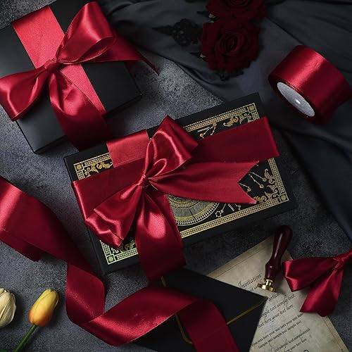 Miniatura 5 de Zeyune 4 rollos de cinta de satén color borgoña de 2 pulgadas x 96 yardas para ramo de flores, San Valentín, Navidad, boda, envoltura de regalos,