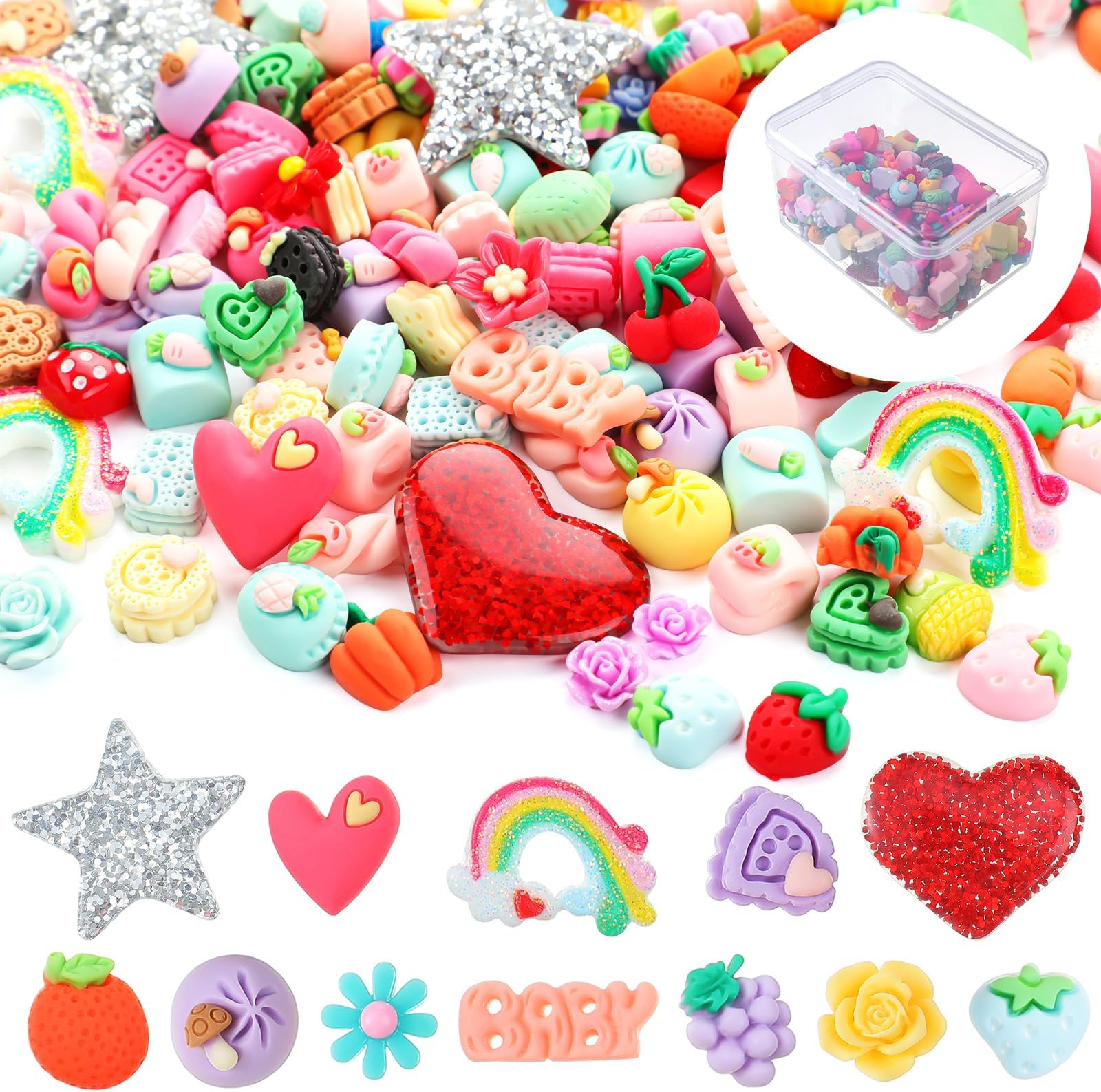 Sumind 200 Pieces Charms Cute Set Mixed Candy Sweets Resin Flatback Beads with Box for DIY Craft Making and Ornament Scrapbooking (Flowers)