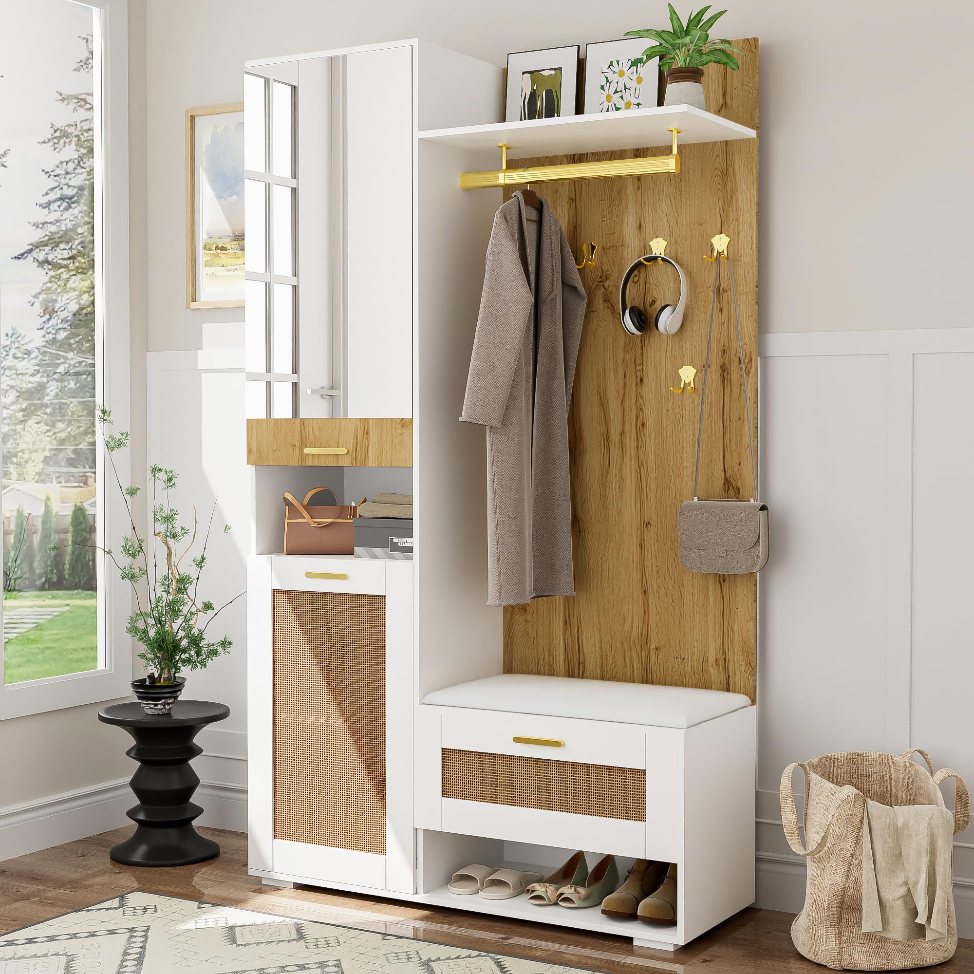 Garderobenset mit Spiegel und LED, Wandgarderobe mit Schuhbank, 110x38x190cm