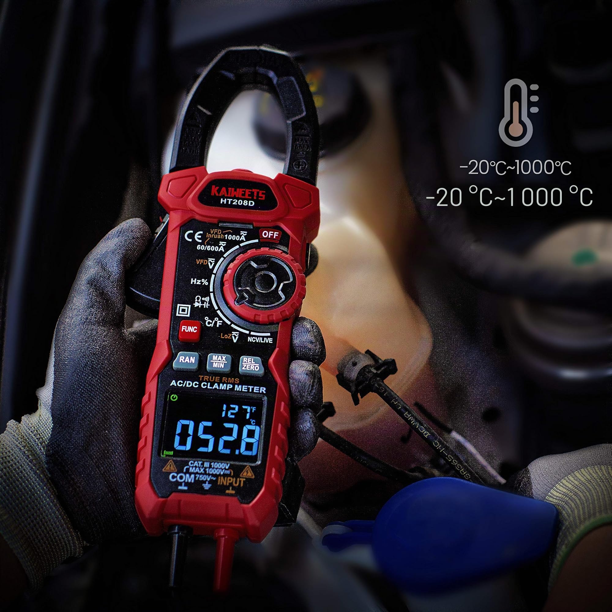 KAIWEETS Pince ampèremétrique 1000A AC/DC, Pince ampèremétrique professionnelle True-RMS, VFD, mode LOZ, Mesurer le courant d'appel - HT208D