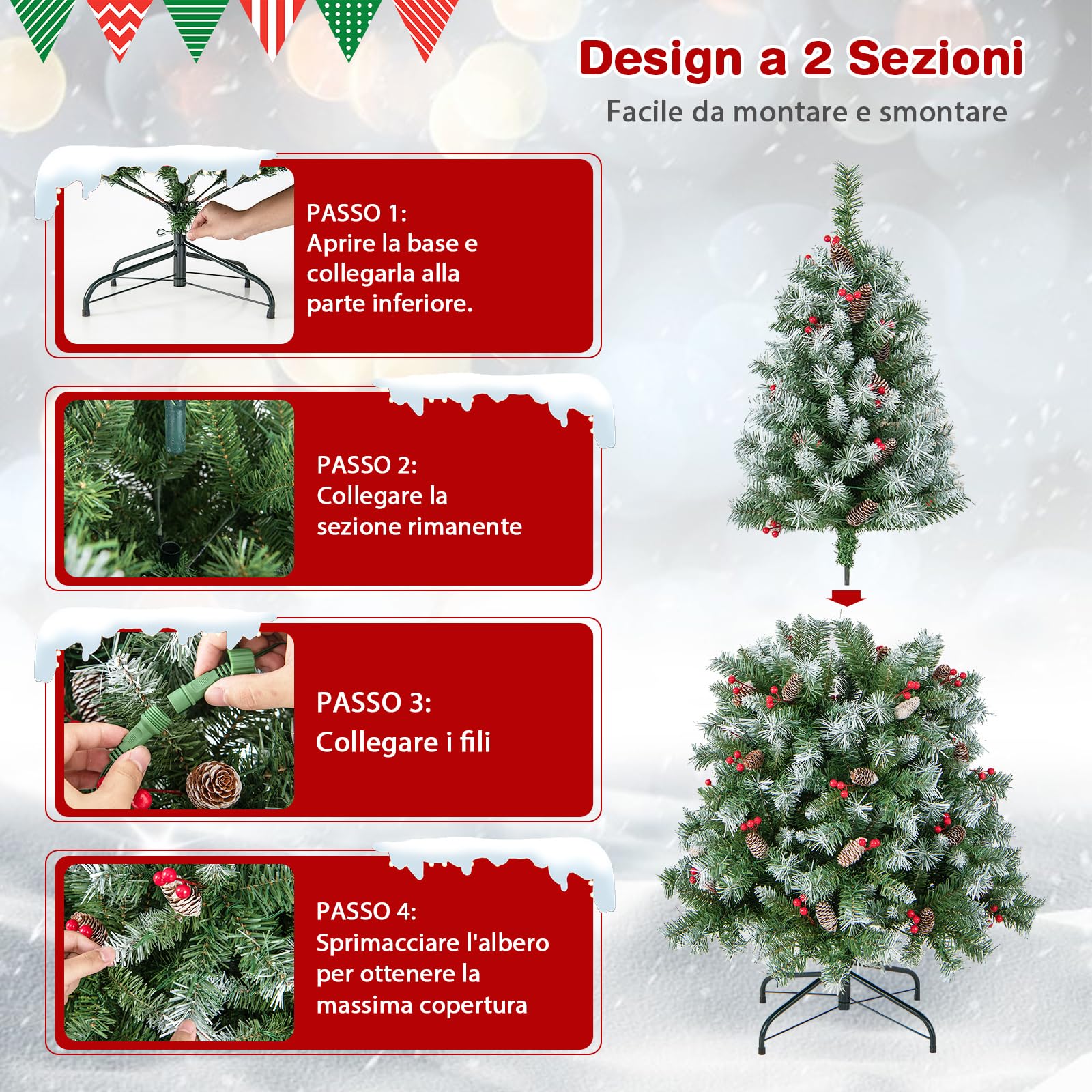 COSTWAY Albero di Natale Pre-Illuminato 150/195 cm, Albero di Natale con 200/420 Luci LED Bianche Calde, 8 Modalità di Illuminazione, 450/909 Punte di Ramo, Bacche Rosse e Pigne (150 cm)