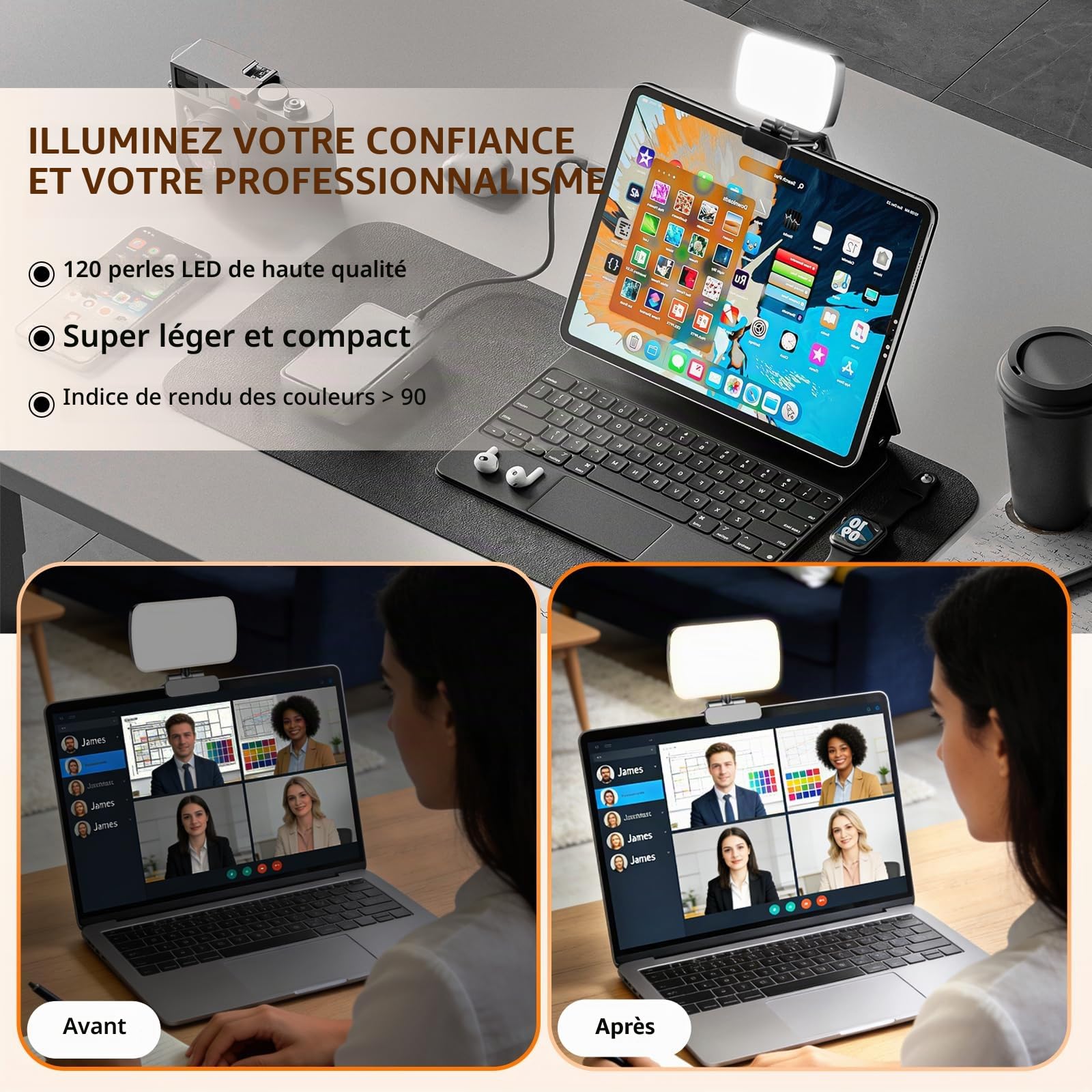 120 LED Lumière Vidéo Conference, 3 Modes d'éclairage ajustés, Clip Éclairage de Vidéoconférence 3000K-6500K, pour PC/Ordinateur Portable/Enregistrement Vidéo/TikTok/Réunions Zoom