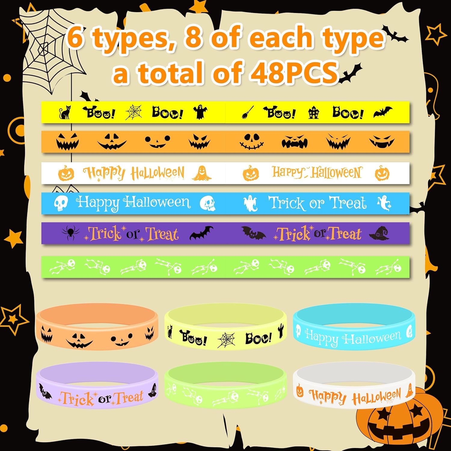 Lesnala 48 Pcs Halloween glow in the dark bracelets 6 Styles Trick or Treat Luminous silicone wristband for Kids Pumpkin Ghost Bat Glow Bracelets for Halloween Night Party Favors Goodie Bag Fillers - Image 7