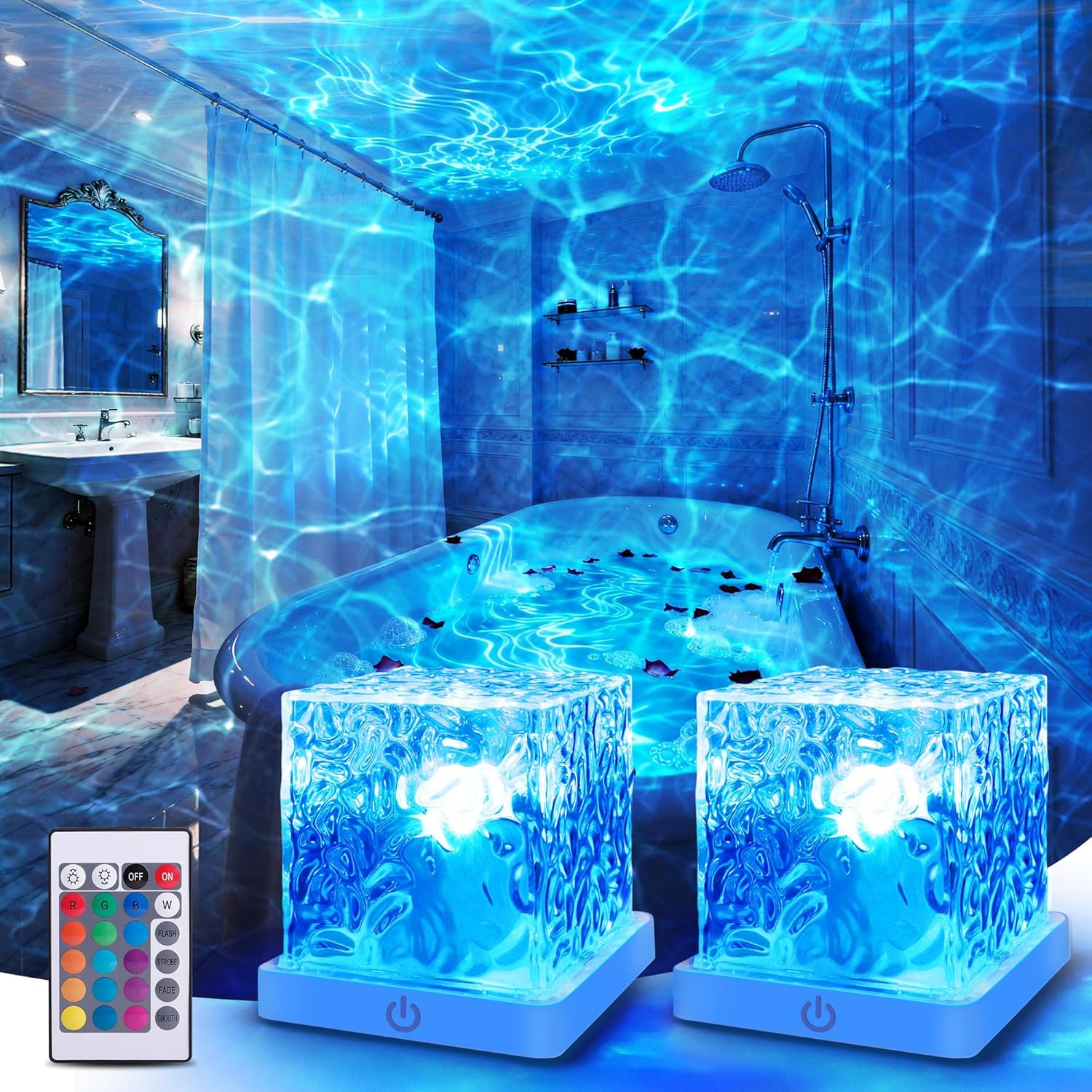 Loscarol Shower Light No Wiring, Rechargeable 16 Color Ocean Wave Projector Light, Dimmable Waterproof Shower Lamp with Remote, Ocean Lamp, Bathroom Night Light, Valentine's Day Gifts for Girl 2 Pack