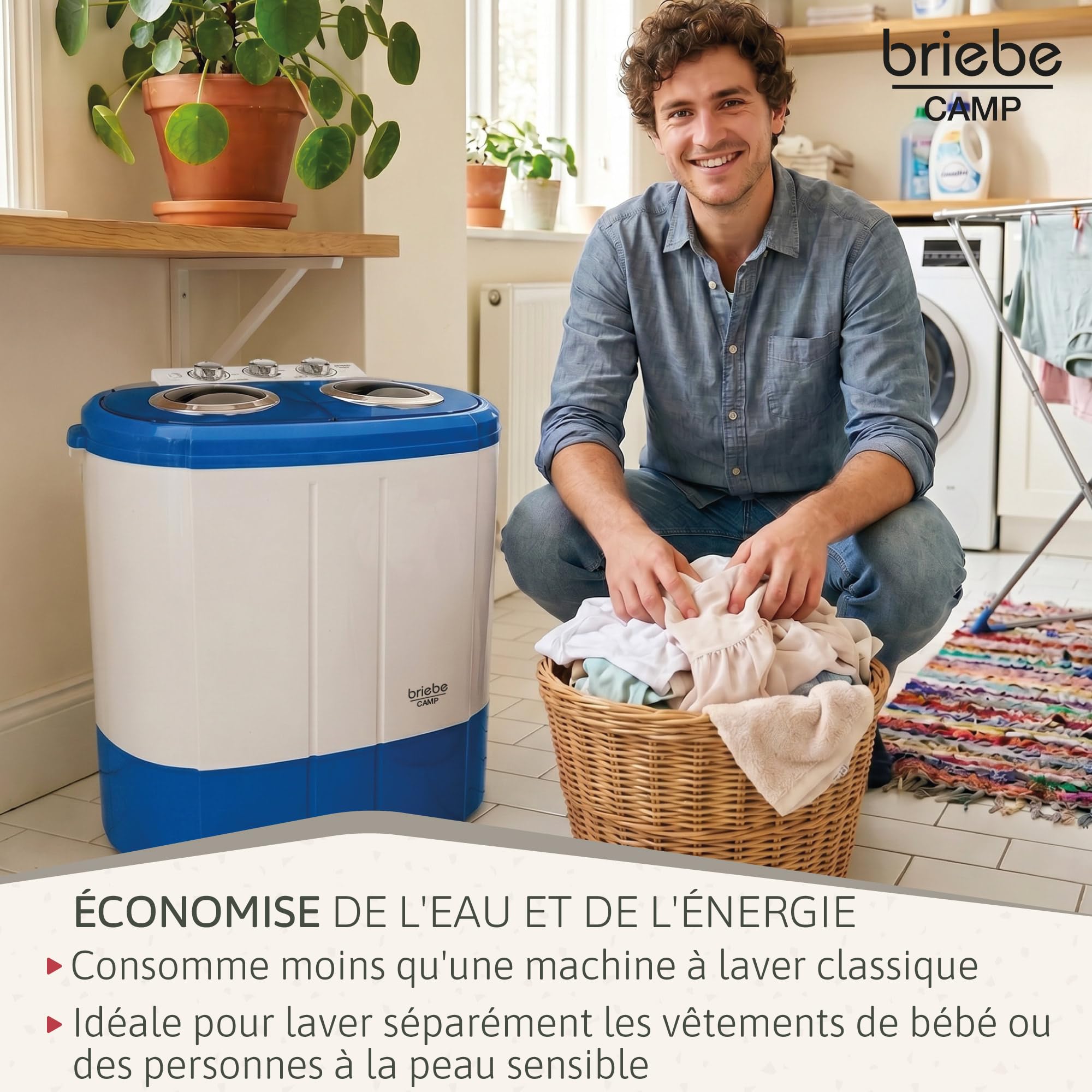 briebe Camp Mini Machine à Laver Portable 3 kg Essorage Camping Caravanes Bleu/Blanc