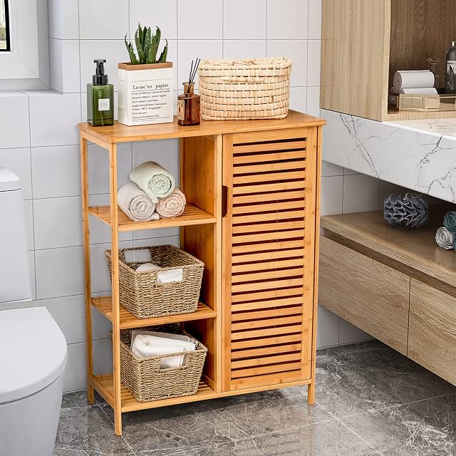 Multigot Bamboo Bathroom Cabinet, Floor Standing Storage Cupboard with 3 Opening Shelves and Single Shutter Door, Freestanding Display Side Organizer for Hallway Kitchen Living Room