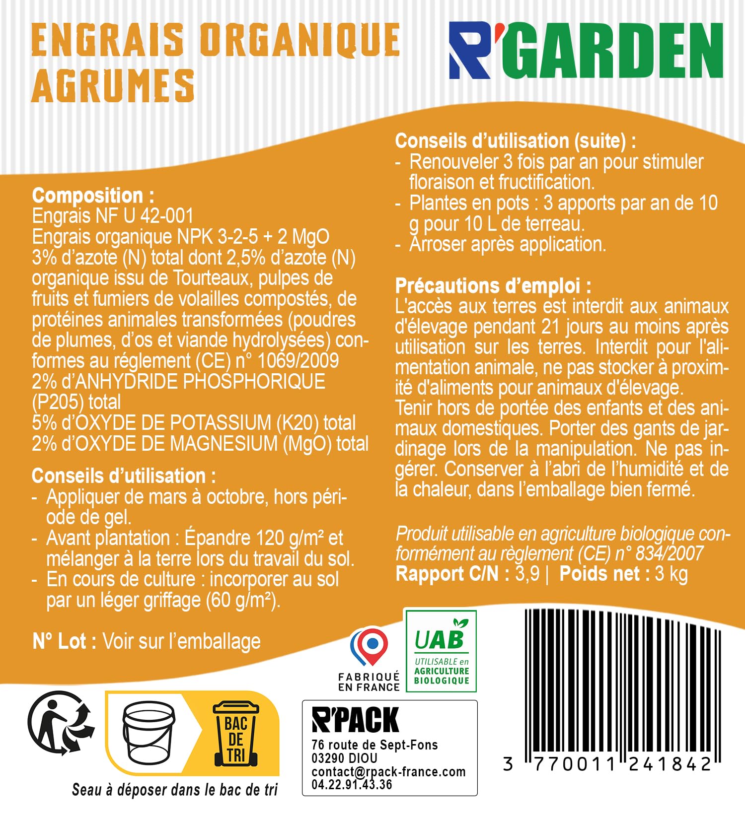 R’GARDEN – Engrais Organique Agrumes | Fertilisant Naturel pour Citronniers, Orangers et Mandariniers | Récoltes Abondantes | UAB – Fabriqué en France (3 KG)