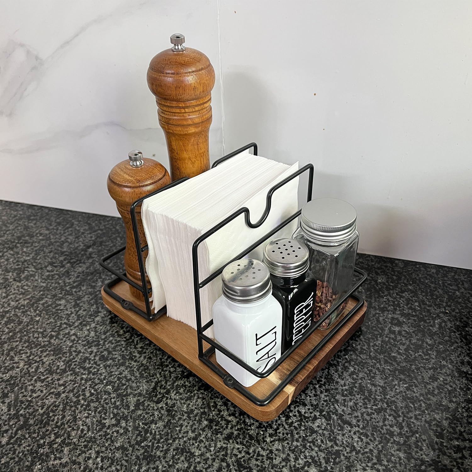 Servilleteros para mesa de cocina, dispensador de servilletas vertical giratorio de madera | Eso puede contener sal y pimienta rústico servilletero para cocina, comedor, mesa, decoración de cejas, acacia