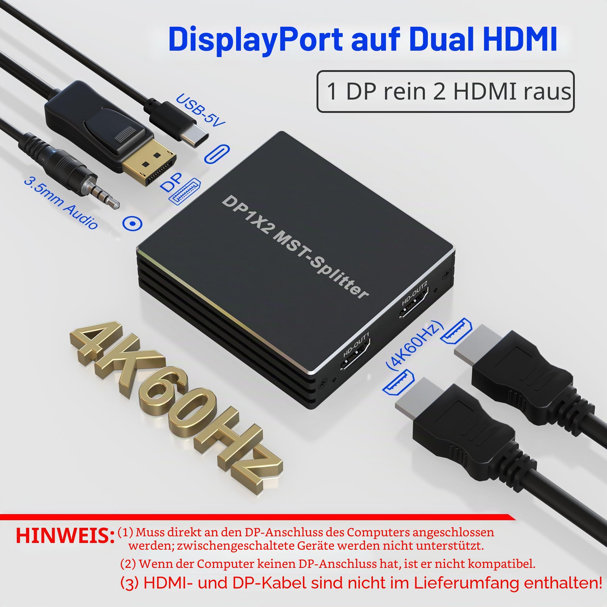 DisplayPort auf Dual HDMI Adapter Display port Splitter auf Zwei Monitore - 4K@60Hz Displayport auf Dual HDMI Monitore Extend Display MST 1 in 2 Out Hub für Laptop PC Grafikkarte TV Projektor
