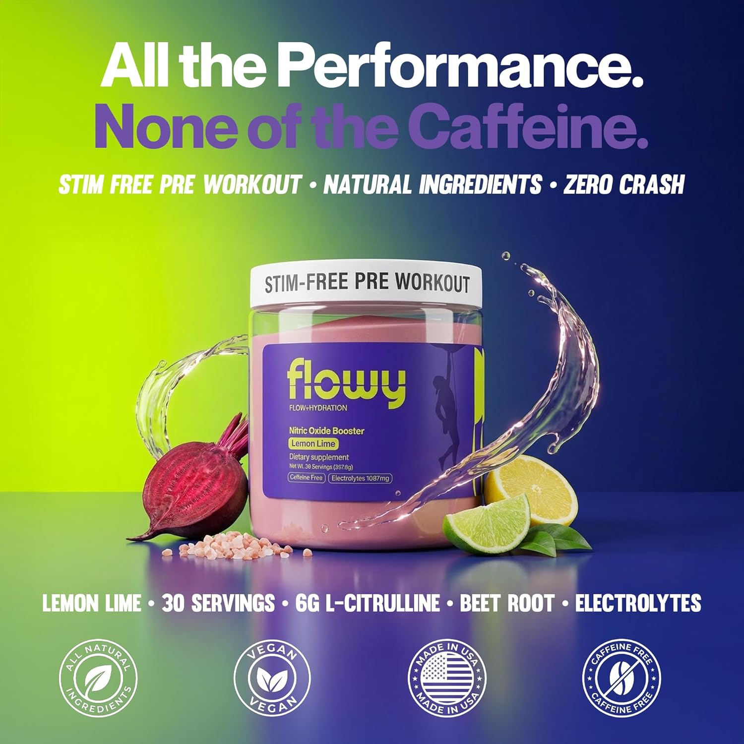 flowy Stim Free Pre Workout – Caffeine-Free Pump Supplement & Nitric Oxide Booster | L-Citrulline, All Natural Electrolytes for Hydration | Lemon Lime, 30 Servings