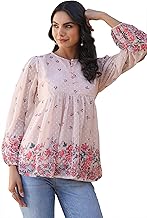 Janasya Women's Peach Georgette Floral Print Flared Top