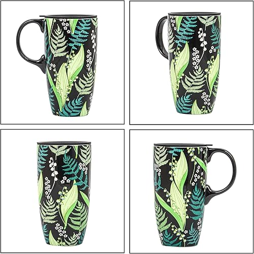 Miniatura 4 de Topadorn Taza de café de cerámica Taza de té de porcelana con mango de tapa y caja de regalo 17oz, hoja verde