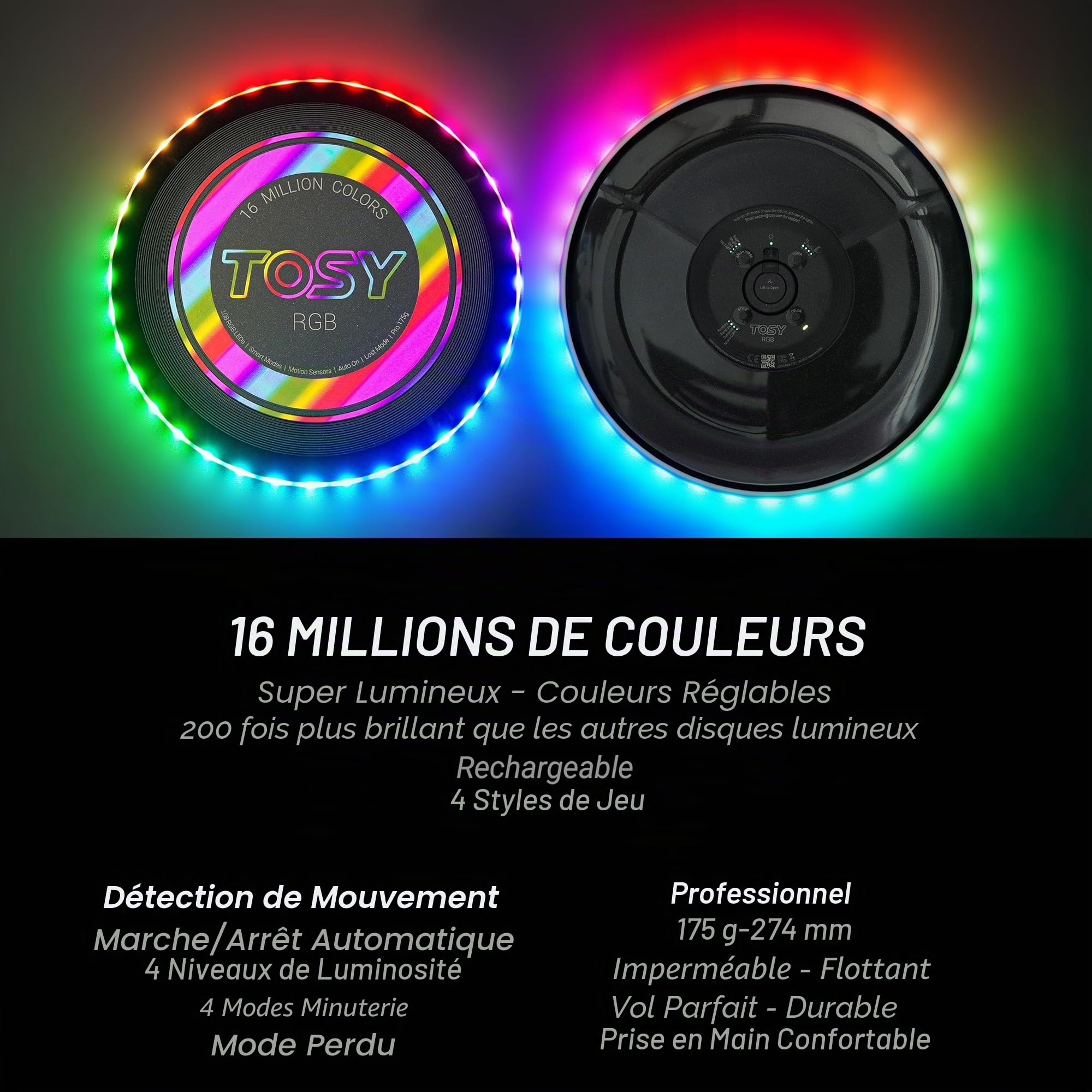 TOSY Disque Volant 16 Millions de Couleurs RVB, Lumineux, Modes Intelligents, Auto on/Off, Rechargeable, Anniversaire, Cadeau de Noël pour Hommes/Garçons/Adolescents/Enfants, Frisbee 175g
