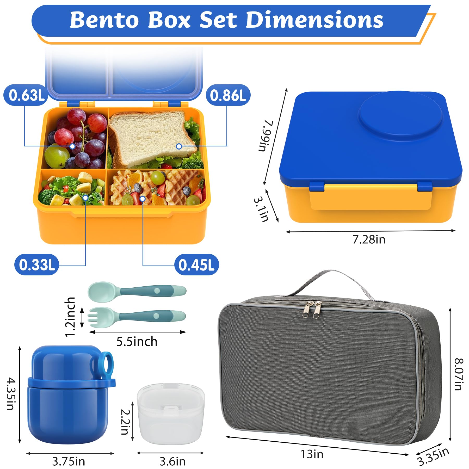 Reeple Bento Lunch Box for Kids with 12oz Soup Thermo, Leak-Proof Lunch Containers with 5 Compartments, Insulated Lunch Bag, Thermo Hot Food Jar with Spoon for Kids to School, Travel, Blue