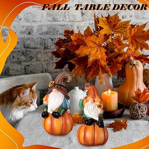 Miniatura 7 de Jetec 2 piezas de estatua de gnomo de otoño, figuras de gnomo de calabaza de Acción de Gracias, decoración de mesa de resina para cosecha de otoño,