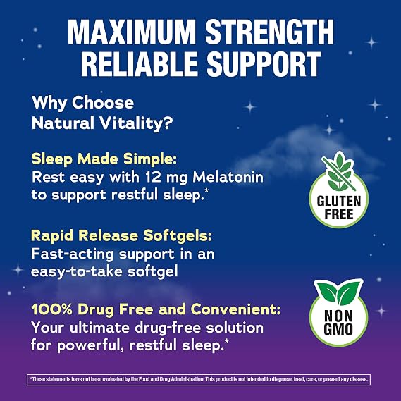 Natural Vitality Melatonin Softgels | 12mg Maximum Strength Supplement
