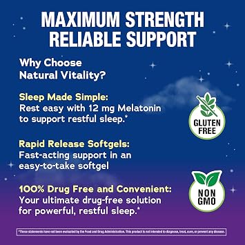 Natural Vitality Melatonin Softgels | 12mg Maximum Strength Supplement