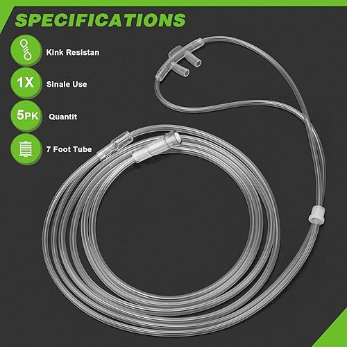 Miniatura 3 de Paquete de 5 cánula de oxígeno nasal suave para adultos, 7 pies, conector estándar, resistente a las torceduras, tubo ligero para una entrega cómoda