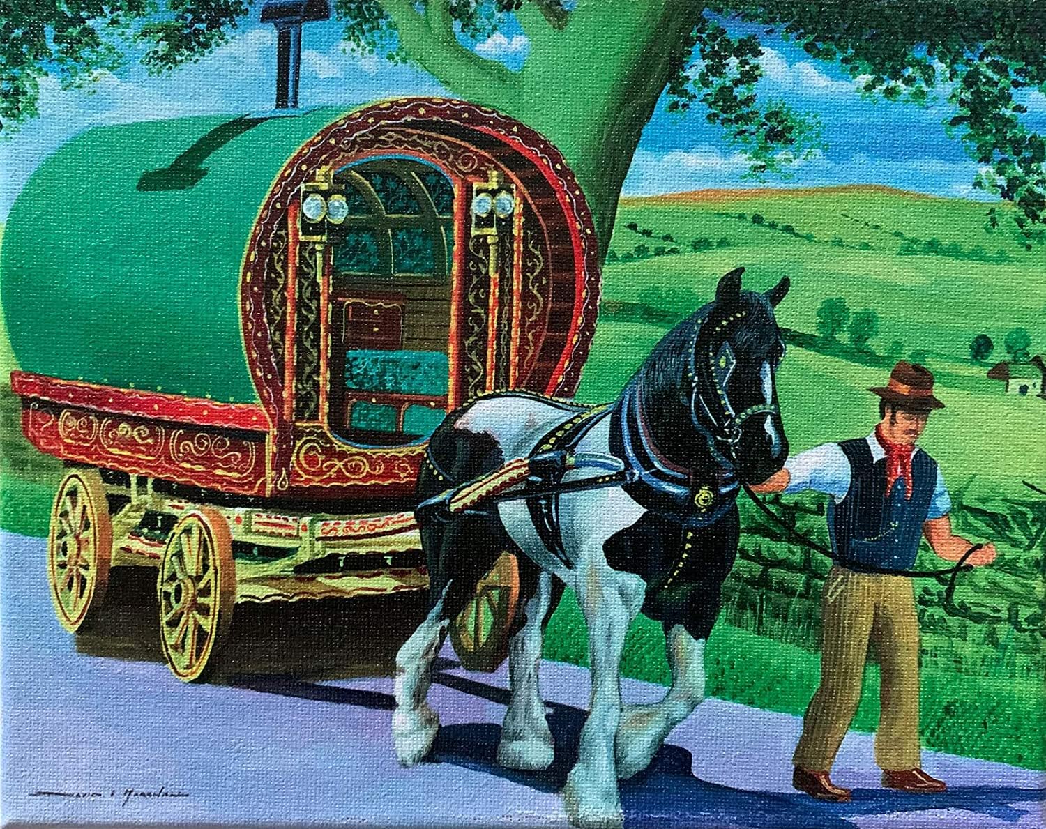 D&A Gifts Green Yellow Appleby Horse Fair Canvas- Romany Gypsy Horse And Caravan- Mini Canvas - N6-Canv