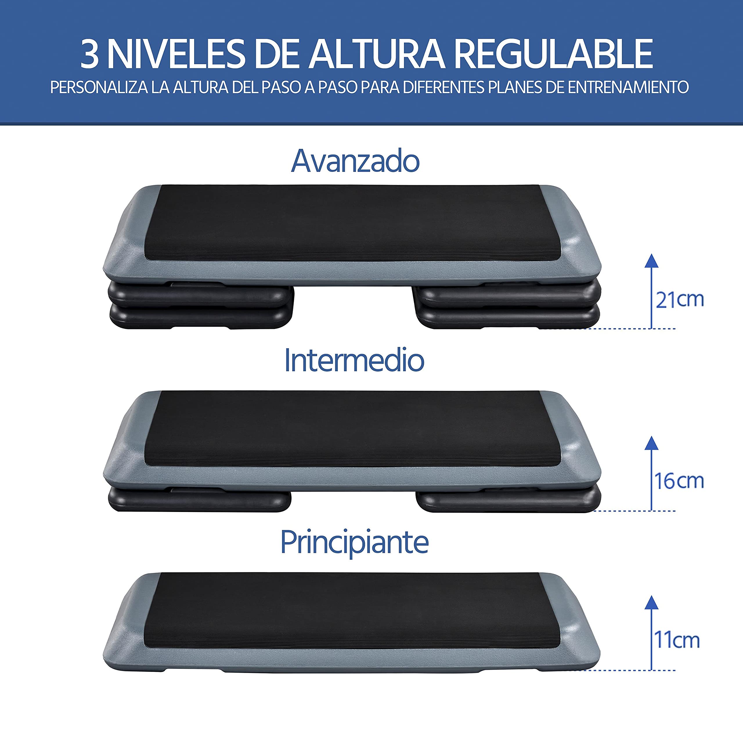 Yaheetech Steps Fitness Casa Step de Aeróbic Antideslizante Altura Adjustable en 11cm/16cm/21cm Stepper Fitness Profesional para Gimnasio Casa Carga 250kg 110x42cm