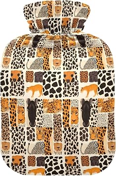 2 L Hot Water Bottle Animal Skins Leopard Zebra Tiger Hot Water Bottle with Cover Soft Velvet Hot Water Bag for Pain Relief Hot Water Bottle for Winter Bed for Hands