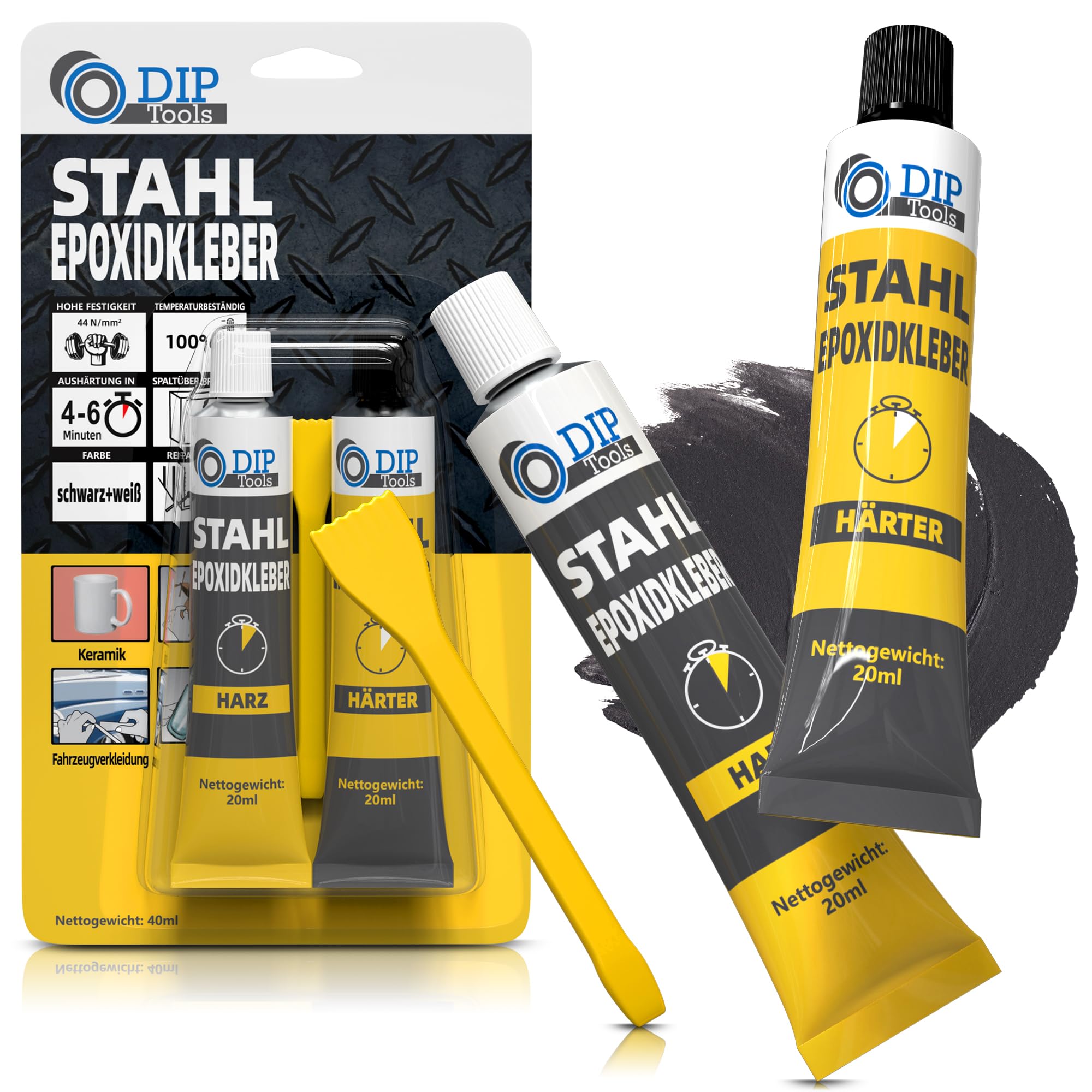DIP-Tools Stahl Epoxid-Kleber 40ml, extrem stark, auch für Holz Beton Glas Keramik Auto, Stahl Metall Kleber Stahlkleber Metallkleber, Klebstoff Reparaturkleber hochfest kleben (schwarz/weiß)