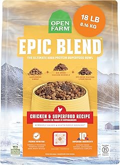 Open Farm, Epic Blend High Protein Dry Dog Food, Probiotic Coated & Bone Broth Infused Kibble with Air Dried Meat & Organs, Minimally Processed & Nutrient Dense, Chicken & Superfood Recipe, 18lb Bag