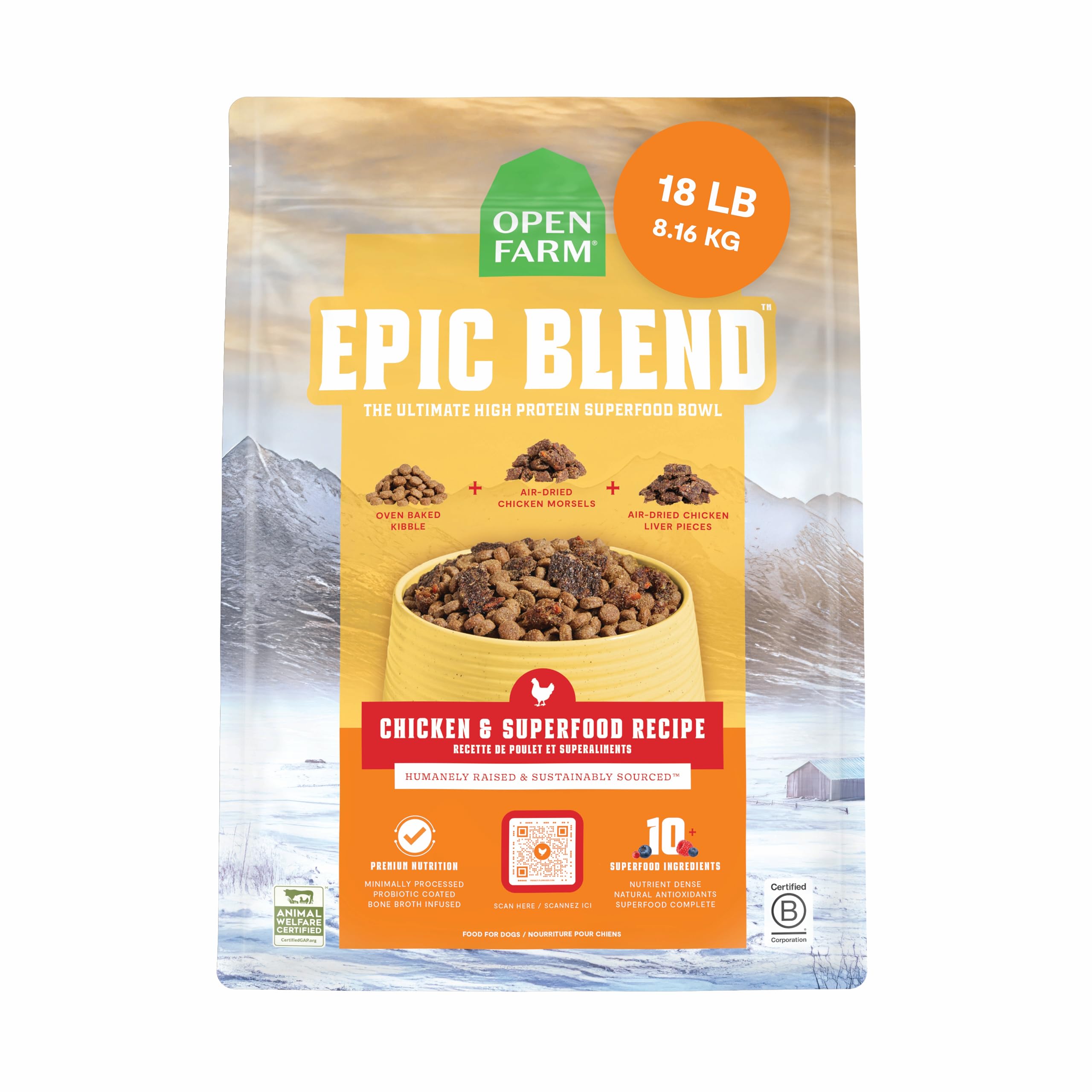 Open FarmEpic Blend High Protein Dry Dog Food, Probiotic Coated & Bone Broth Infused Kibble with Air Dried Meat & Organs, Minimally Processed & Nutrient Dense, Chicken & Superfood Recipe, 18lb Bag