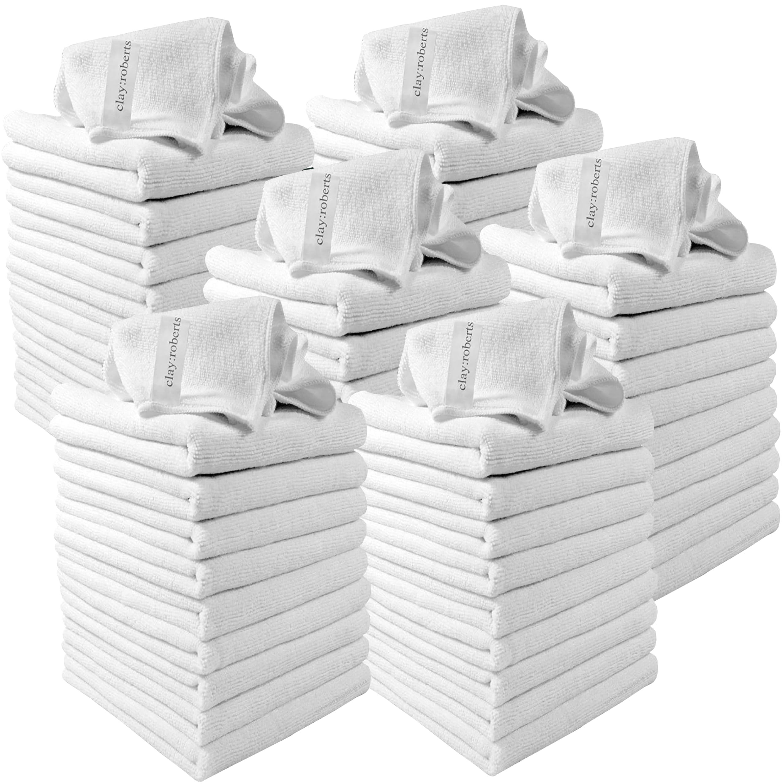 Clay Roberts Microfibre Cleaning Cloths, 40cm x 30cm - Pack of 60, White, Machine Washable, Polishing, Waxing & Dusting Cloth, Lint-Free, Kitchen Towel, Car Cleaning, Microfiber