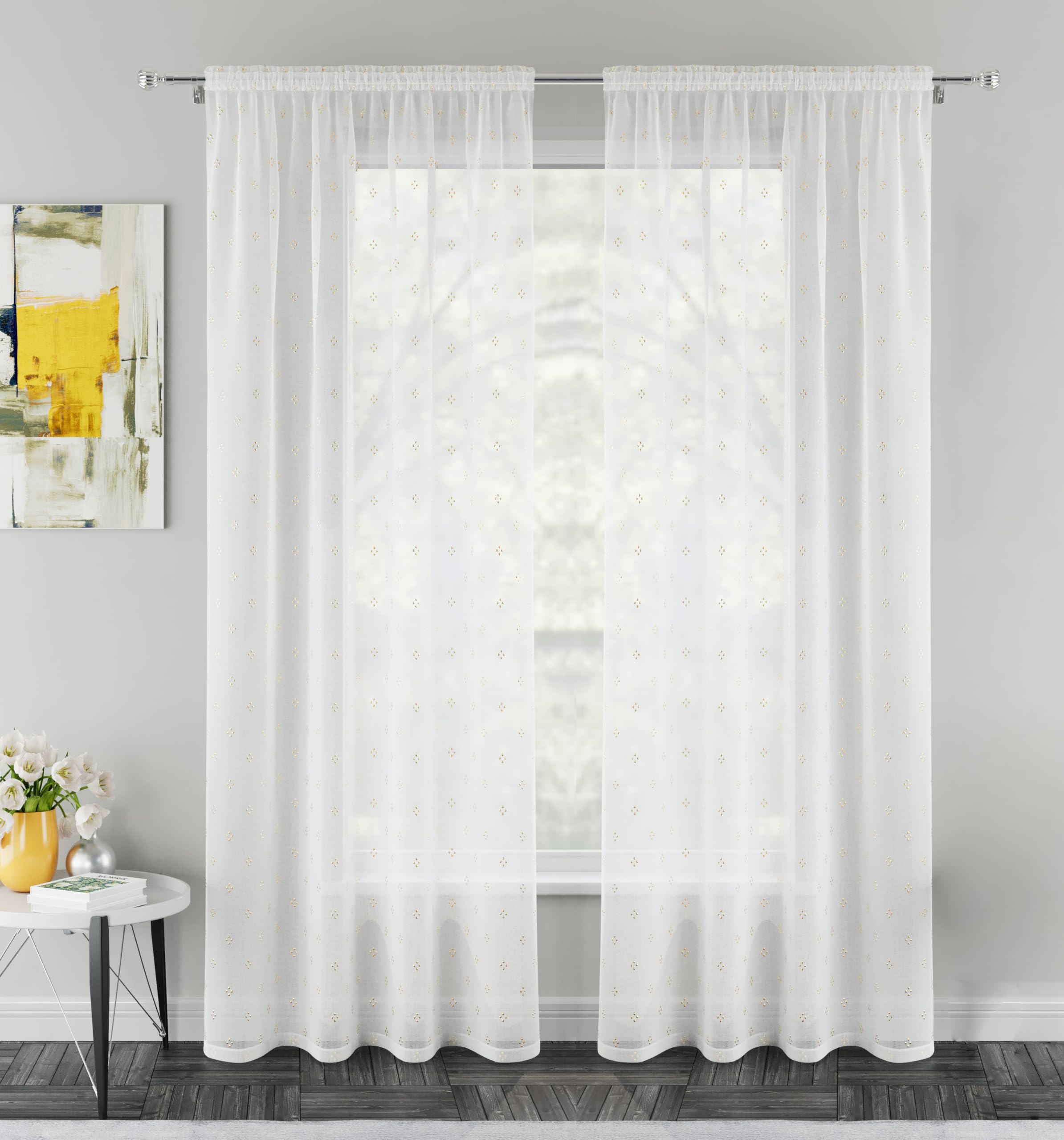 Metallic Diamond Print Sheer Linen Look Voile Panel - 140cm x 183cm - Gold - Ready To Hang