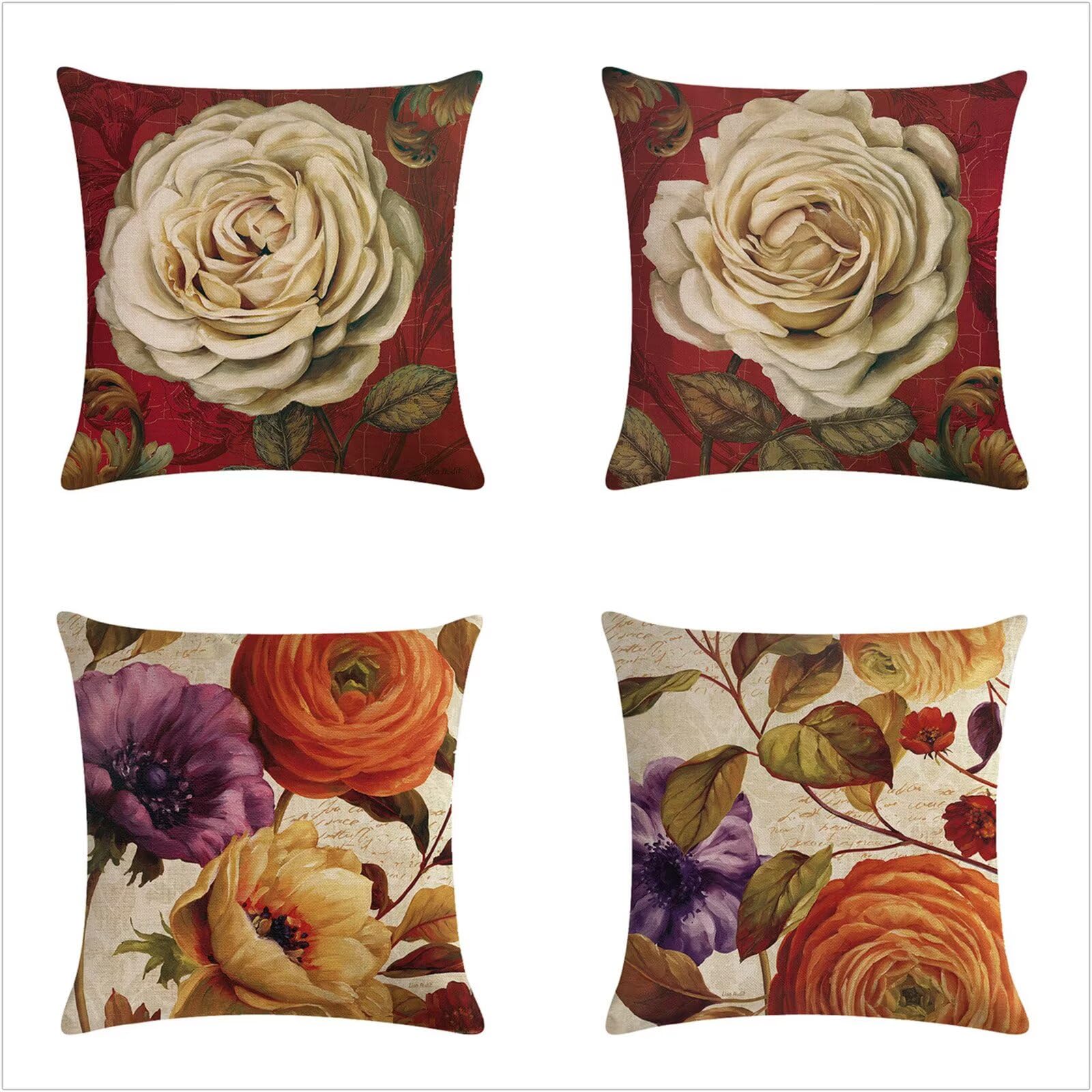 Juego de 4 Impermeable Funda de Cojín Flores de peonía retro,45x45cm Moderno Suave Transpirables Lino Fundas de Almohada Cojines Decorativos con Cremallera Oculta para Exterior Sofá Cama Coche Hogar
