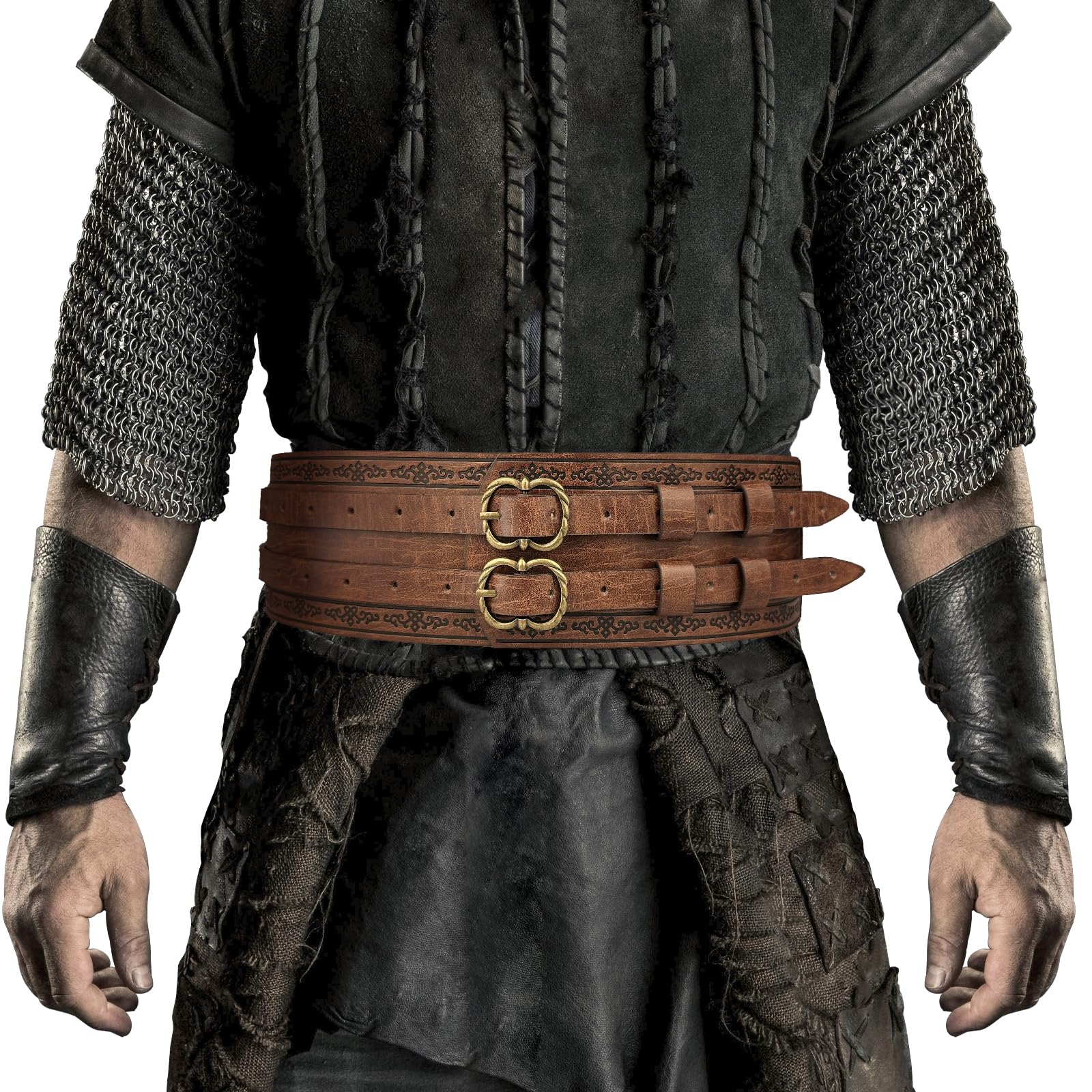 HiiFeuer Viking Wide Belt, Medieval Faux Leather Armor Belt Knight Corset Belt, LARP Costume (Brown D)