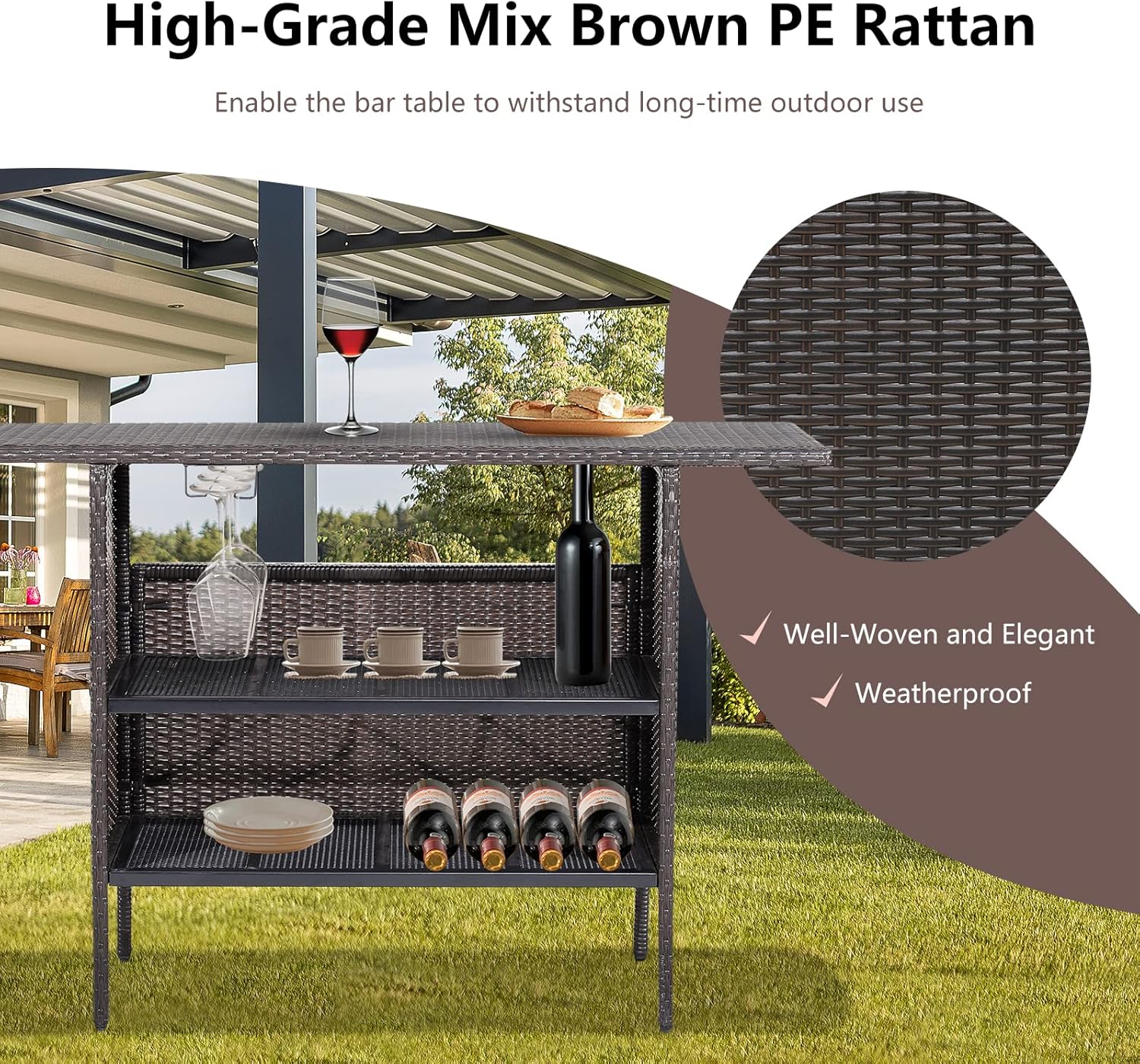 S AFSTAR Patio Rattan Bar Table, Outdoor Rattan Wicker Bar Counter Table with 2-Tier Metal Shelf & Steel Stemware Rack, Heavy-Duty Steel Frame, Waterproof Brown Rattan Table for Poolside, Backyard