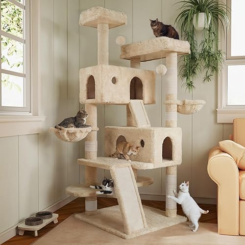 MUTICOR 66 Inches Multi-Level Large Cat Tree Tower for Indoor Big Feline/Cozy Plush Perches/Condo/Sisal Scratching Posts/Hammock and Beige