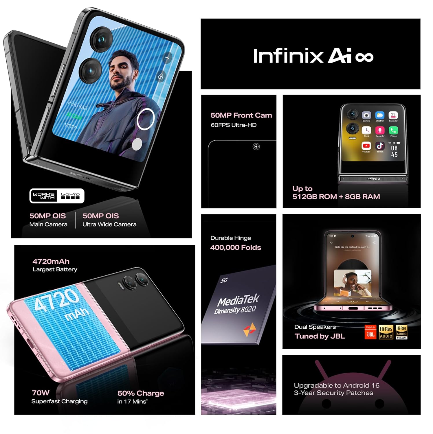 Infinix Zero Flip 5G (Rock Black, 8GB RAM, 512GB Storage) 8GB Virtual RAM, 120HZ Punch Hole Display, MediaTek D8020, Dual JBL Speakers, 4720mAh Battery, 3D Pets 16 81Zrcg4Q82L. SL1500