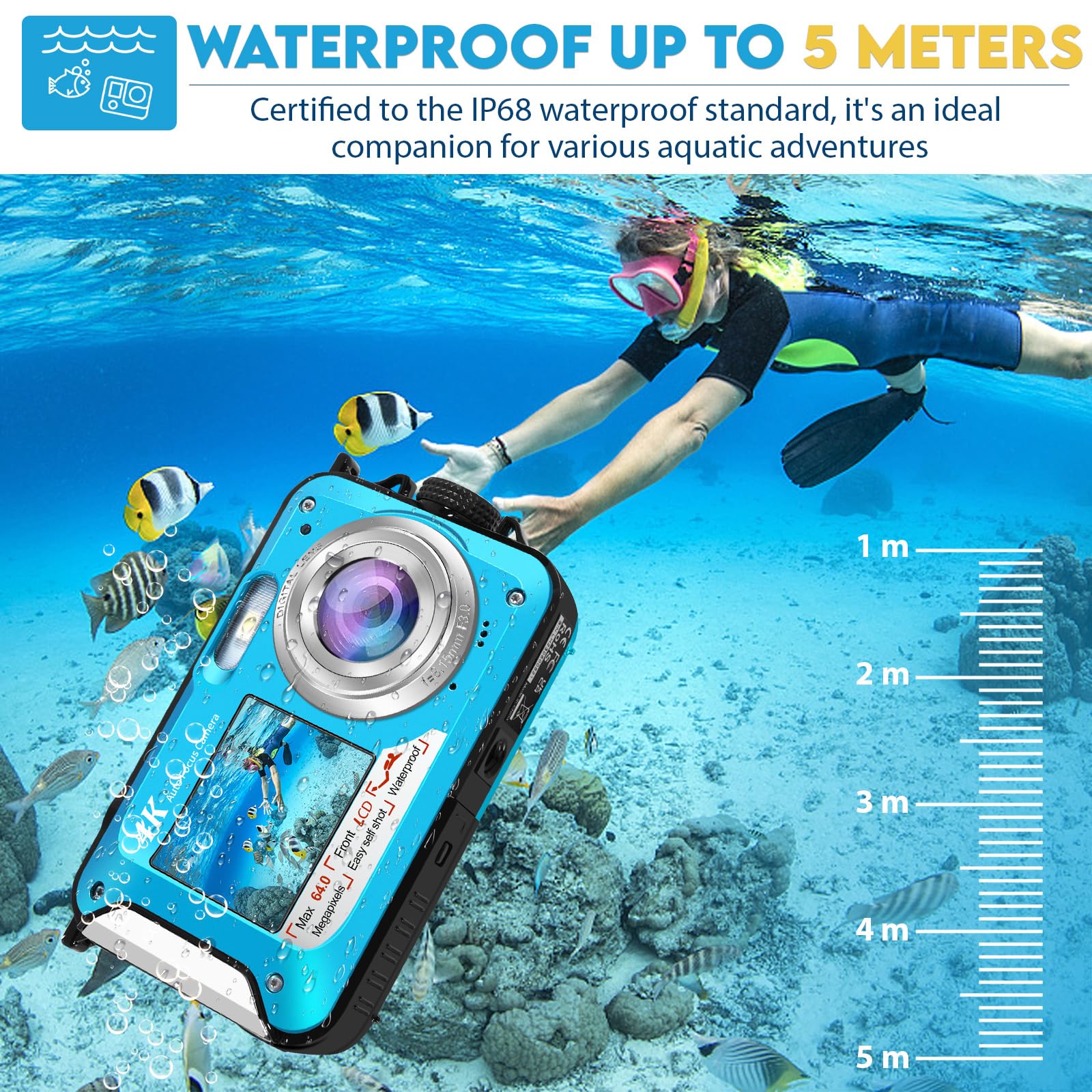 64MP Macchina Fotografica Subacquea Con Scheda Di Memoria Da 32 GB, 4K Fotocamera Subacquea Con Autofocus E Doppio Schermo Selfie HD, 5 Metri Fotocamera Subacquea Digitale (2 Batterie)