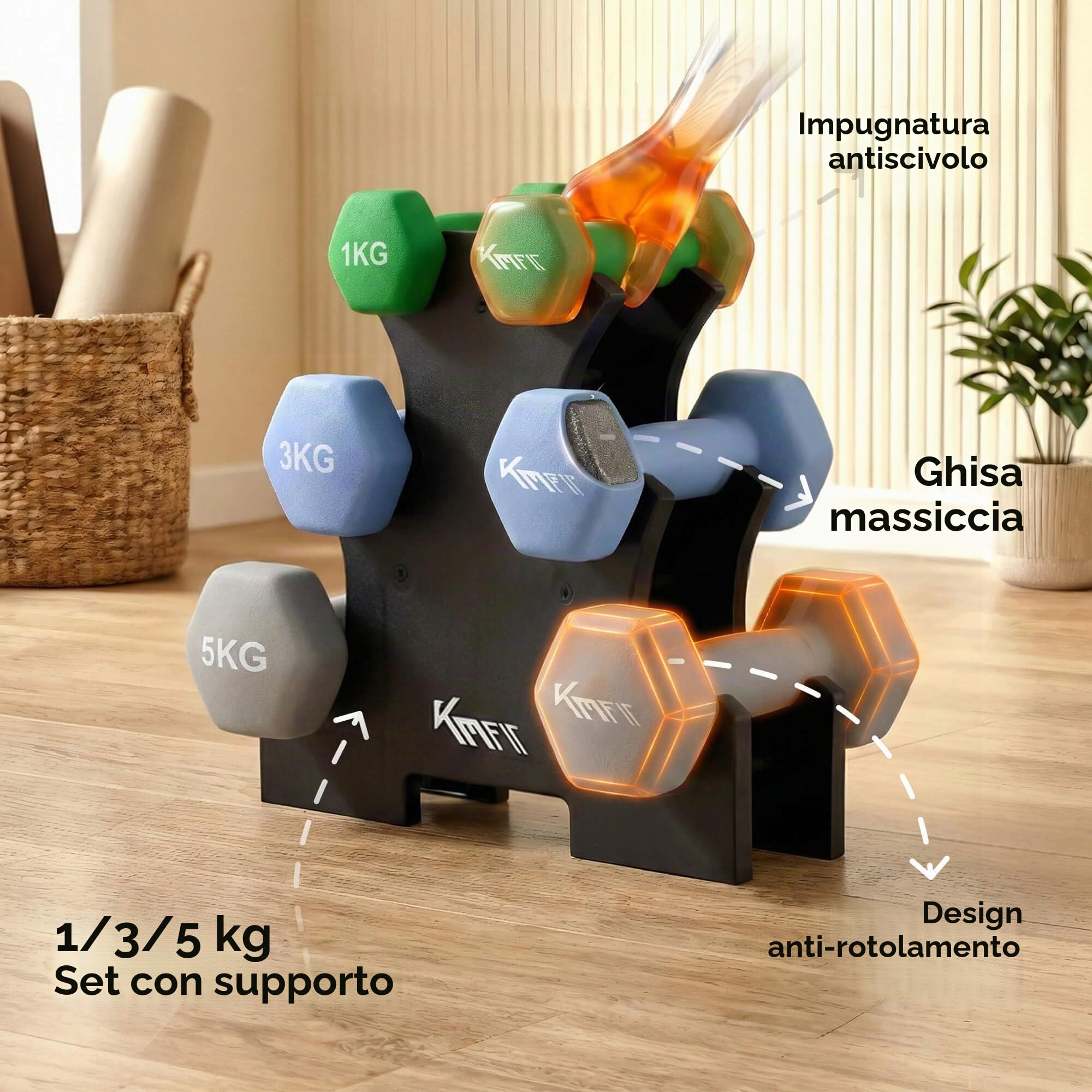 KM-Fit Set manubri 18 kg con supporto | Manubri in neoprene 1–5 kg | Impugnatura ergonomica in ghisa antiscivolo | Antirotolamento | Fitness & allenamento forza a casa