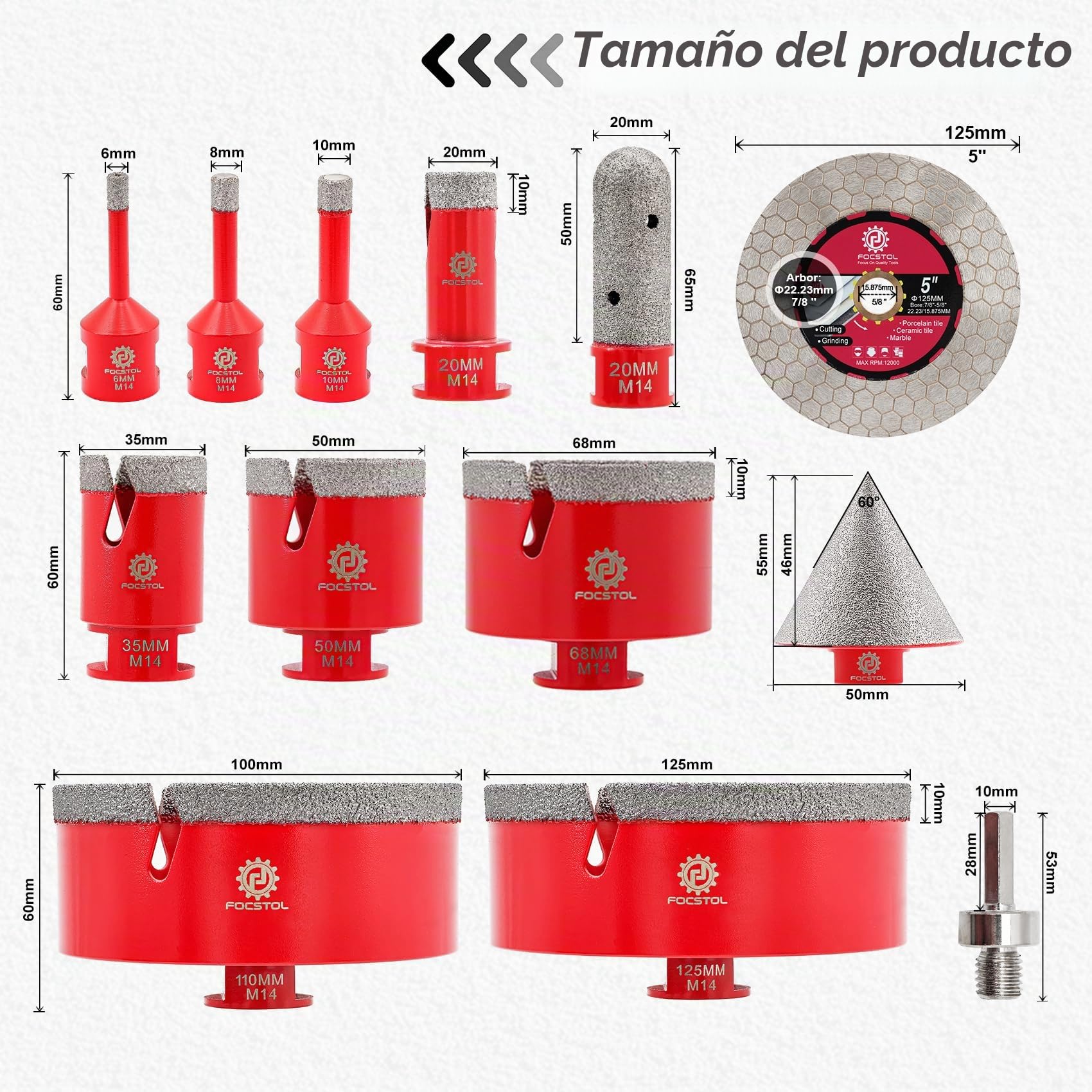 FOCSTOL Juego de Brocas Diamante - Corona Diamante Porcelanico para Cerámica Mármol Granito 13 piezas (6/8/10/20/35/50/68/110/125mm+20mm Fresa+50mm Broca Chaflán Biselado+Adaptador+125mm Disco)