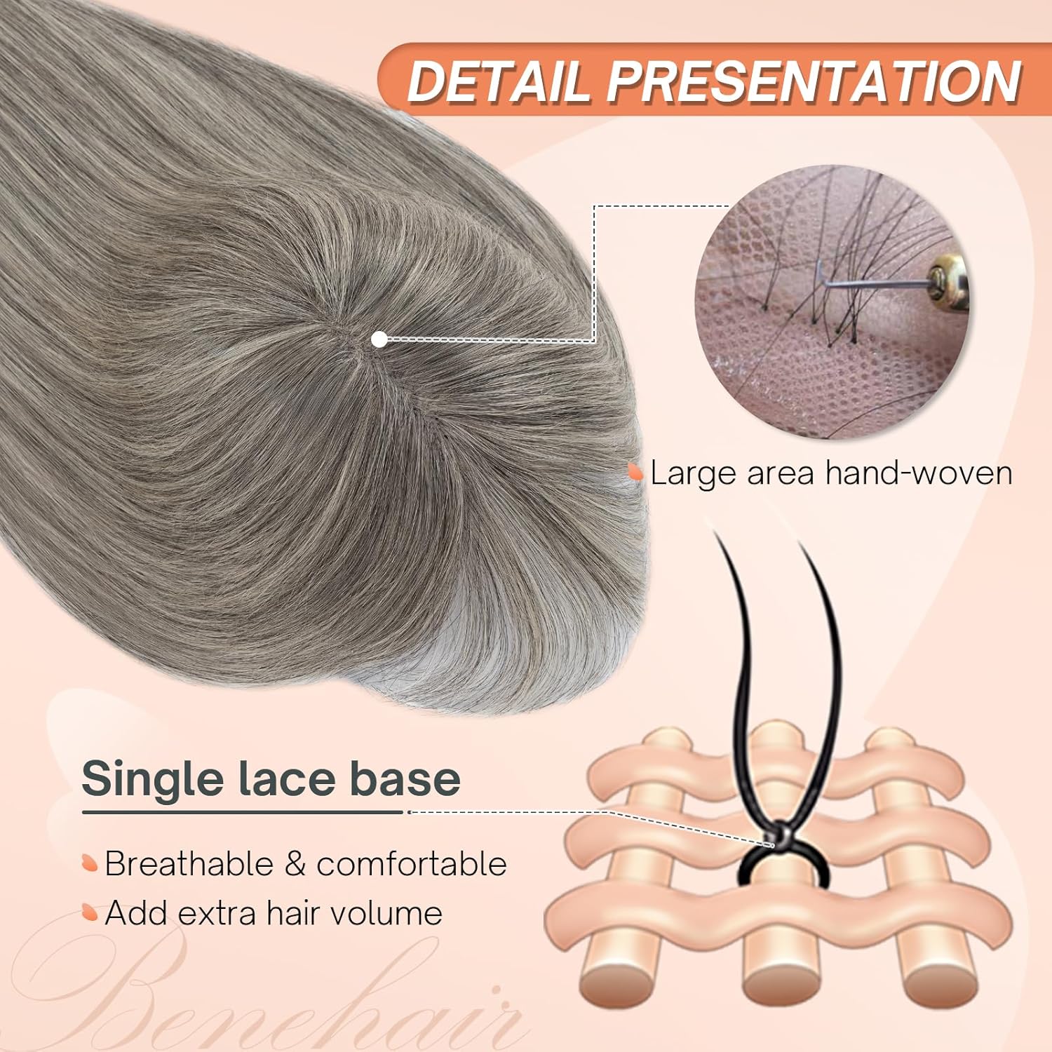 Benehair Human Hair Toppers for Women Clip in Hair Toppers for Daily Use 2 * 6cm Hand Made Lace Base Long Coverage Natural Hairpiece Wiglet #Gray 10Inch