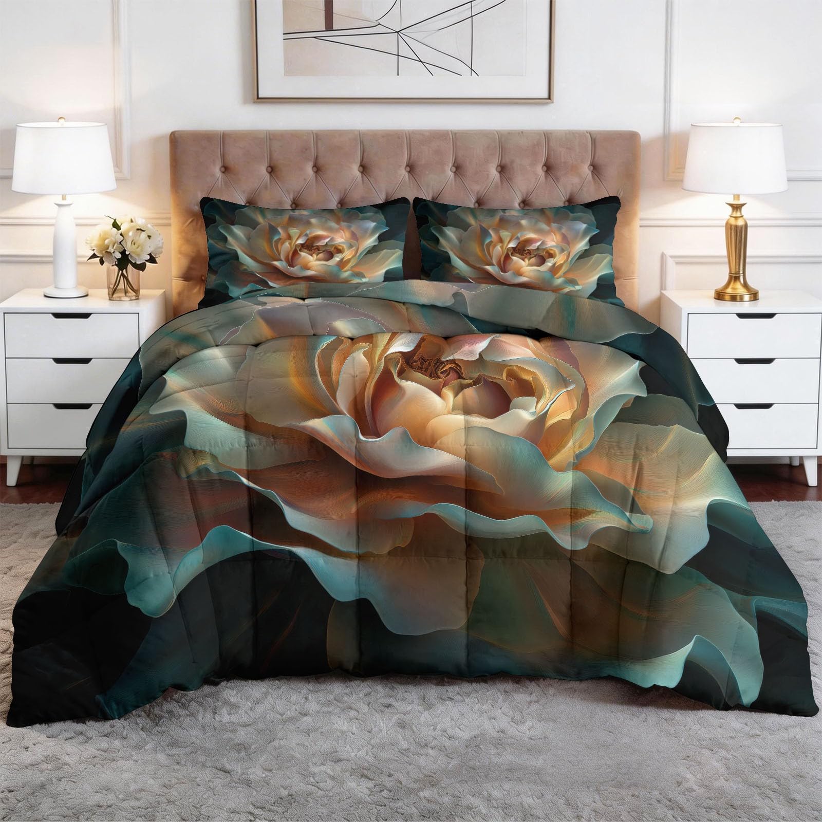 Piumino 4 Stagioni 150x200 cm Rosa Astratta Trapunta Copriletto Imbottito Leggero in Microfibra Soffice, Trapuntino Stampa Reversibile Estate e Inverno