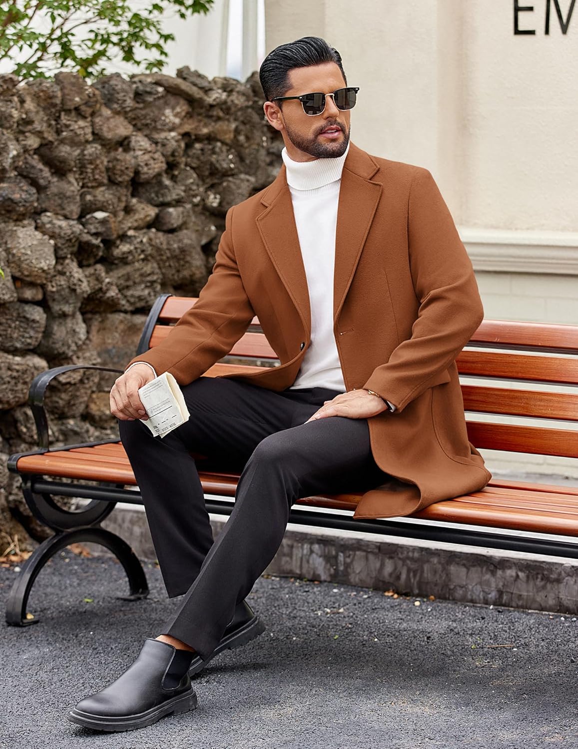 COOFANDY Mens Trench Coat Long Casual Single Brested Overcoat Winter Notched Collar Wool Blend Pea coat With Pockets - Image 3