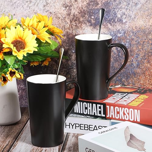 Miniatura 4 de Tioncy 4 juegos de tazas de café grandes de 20 onzas con cuchara de té helado de mango largo de 9 pulgadas, tazas altas de color negro mate, taza de