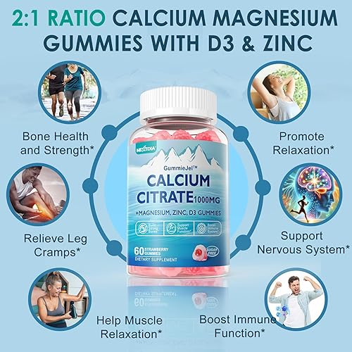 Miniatura 4 de Suplemento de citrato de calcio de 1000 mg para mujeres y hombres, 6 en 1 gomitas de calcio y magnesio y zinc + vitamina D3, B6 y potasio de alta